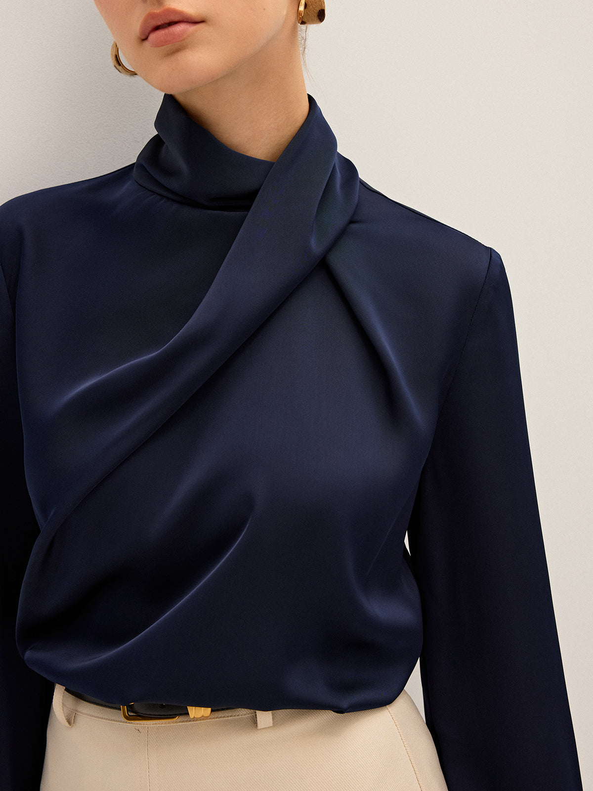 Satin Draped High Neck Blouse for Elegant Evening Wear