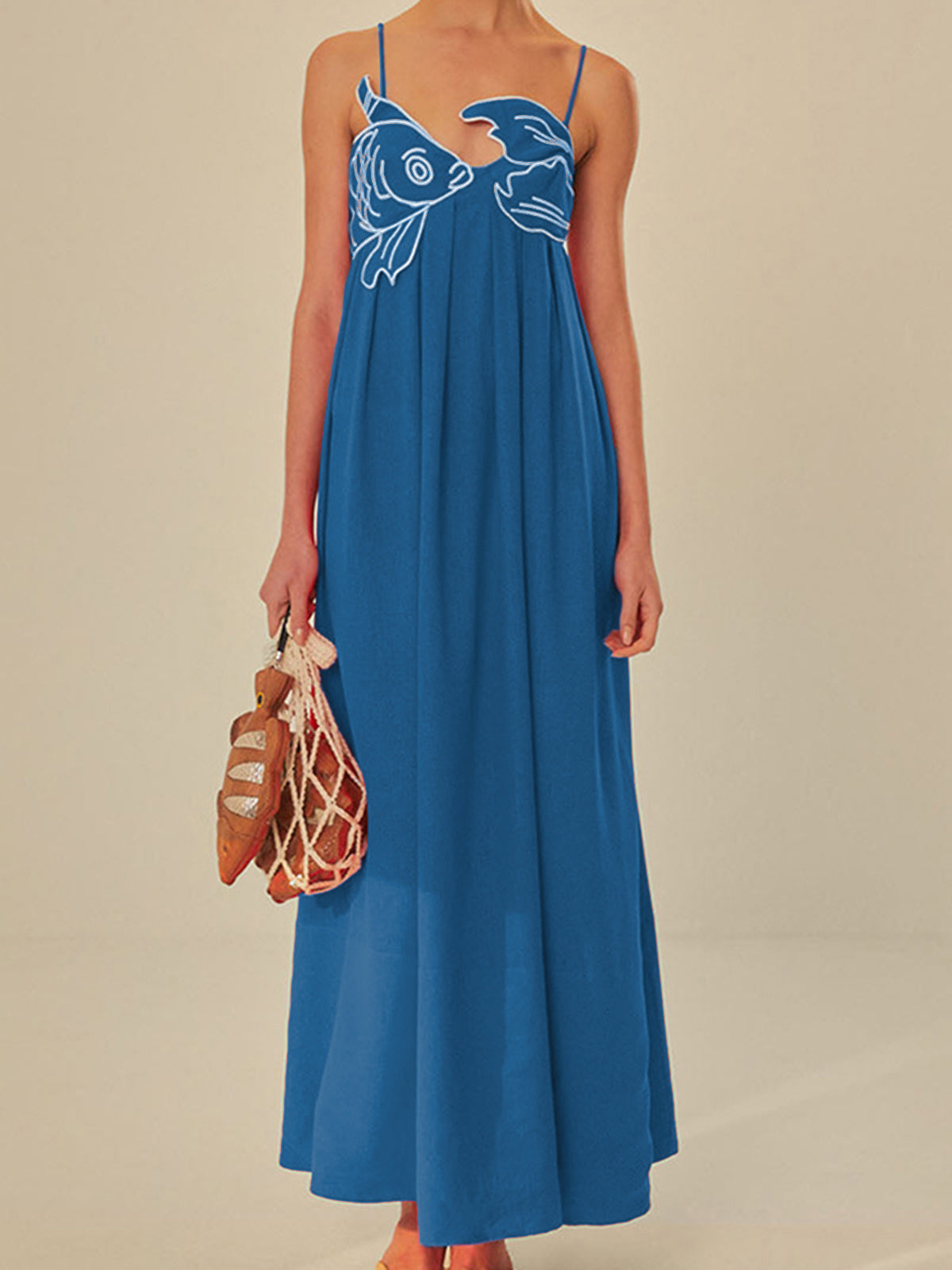 Embroidered Fish Semi-Sheer Cami Dress Lightweight Summer Beachwear