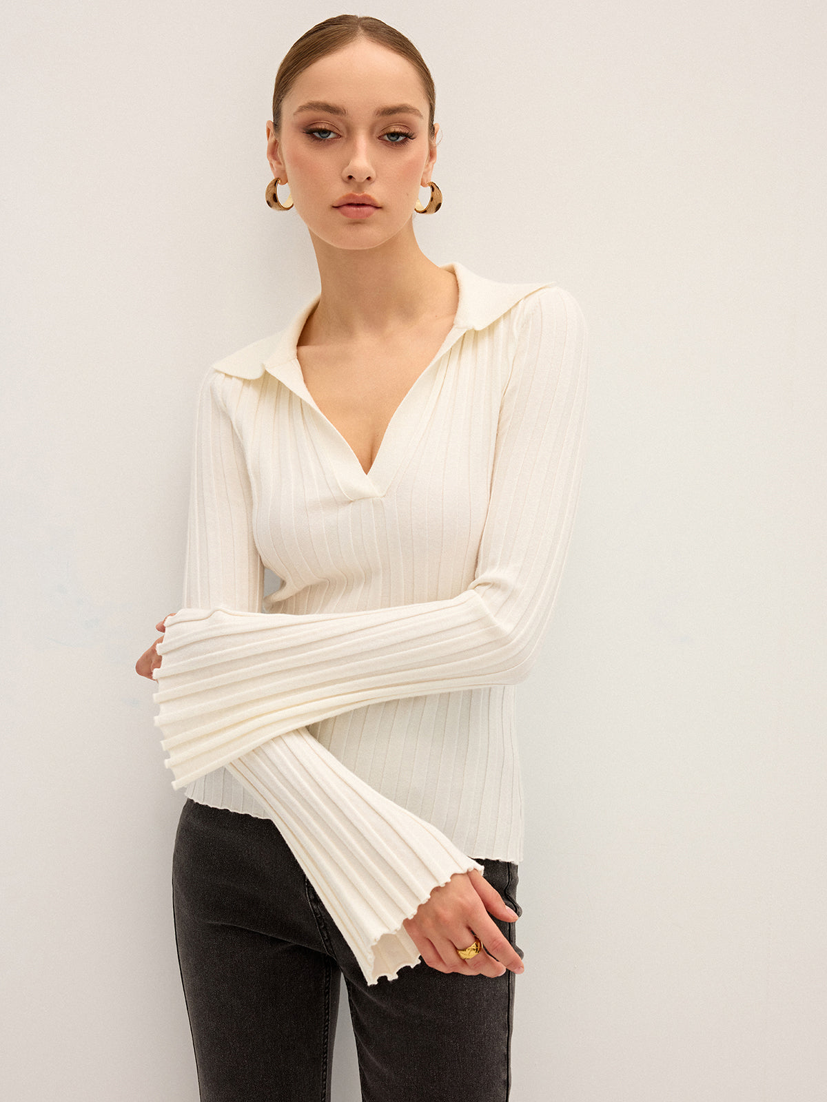 Flared Sleeve Collared Knit Top Women's Casual Fashion
