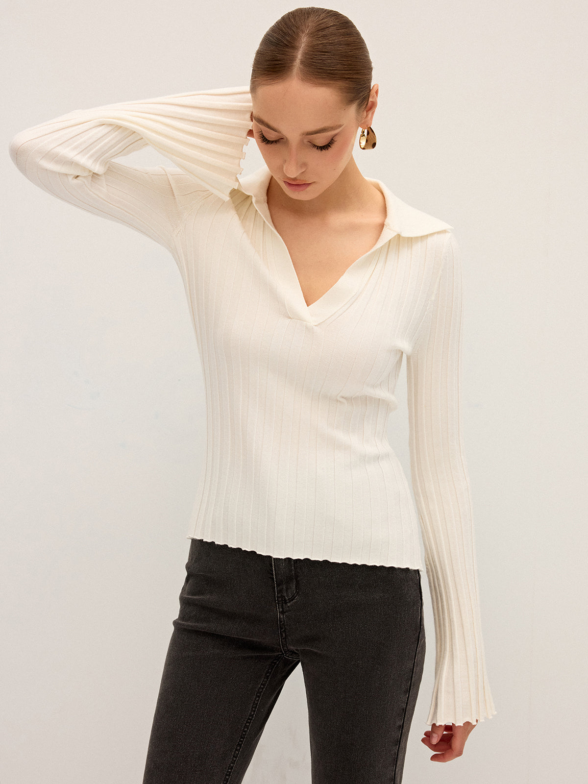 Flared Sleeve Collared Knit Top Women's Casual Fashion