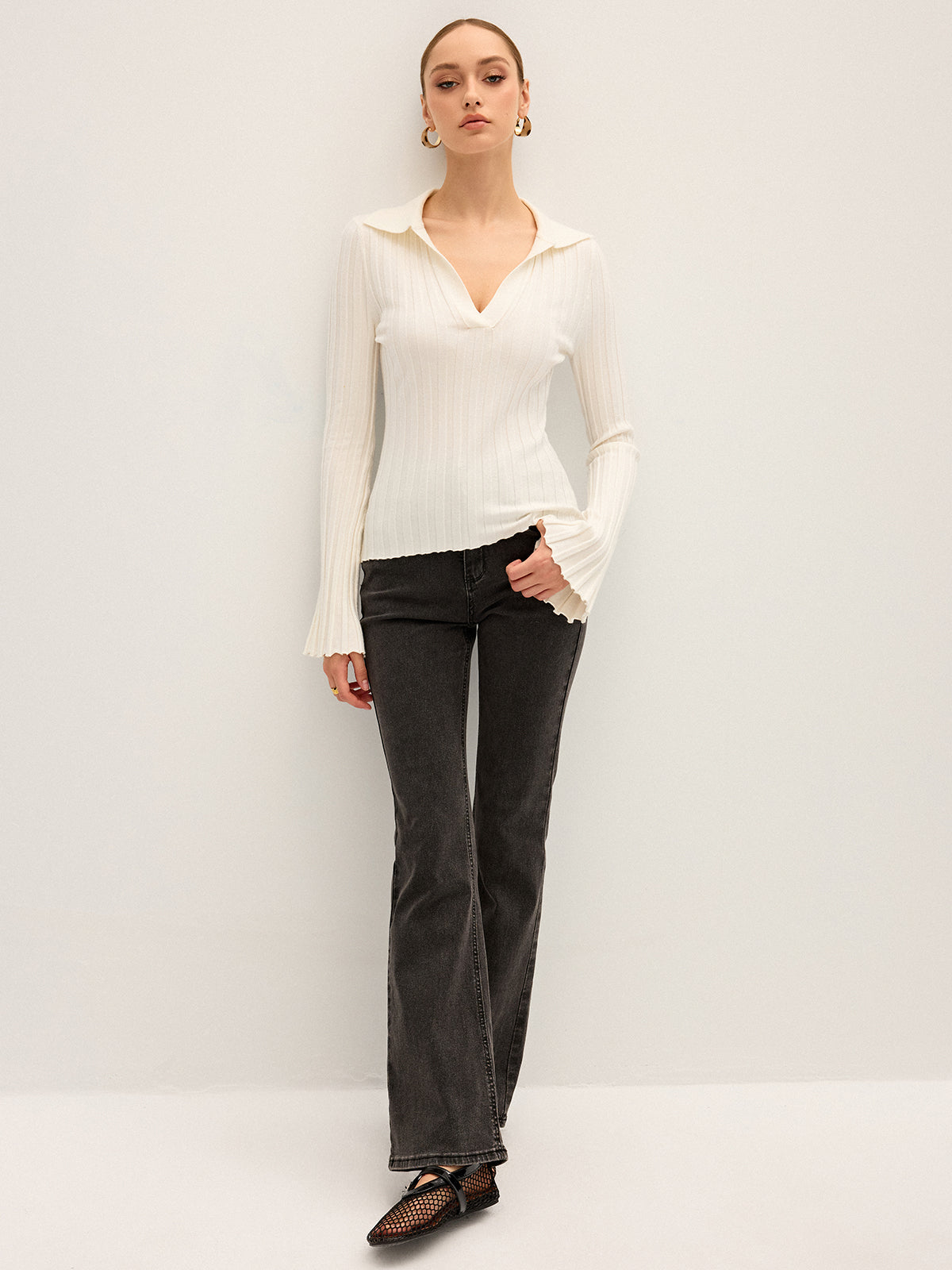 Flared Sleeve Collared Knit Top Women's Casual Fashion