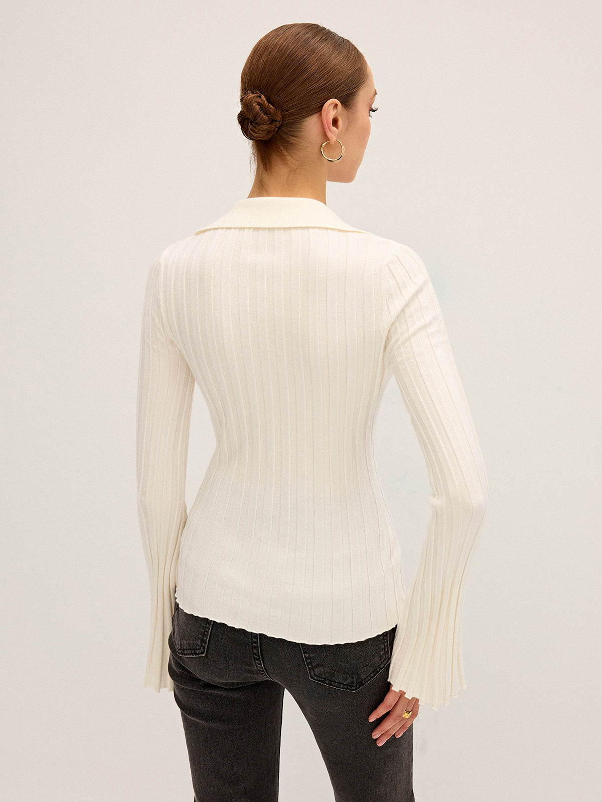 Flared Sleeve Collared Knit Top Women's Casual Fashion