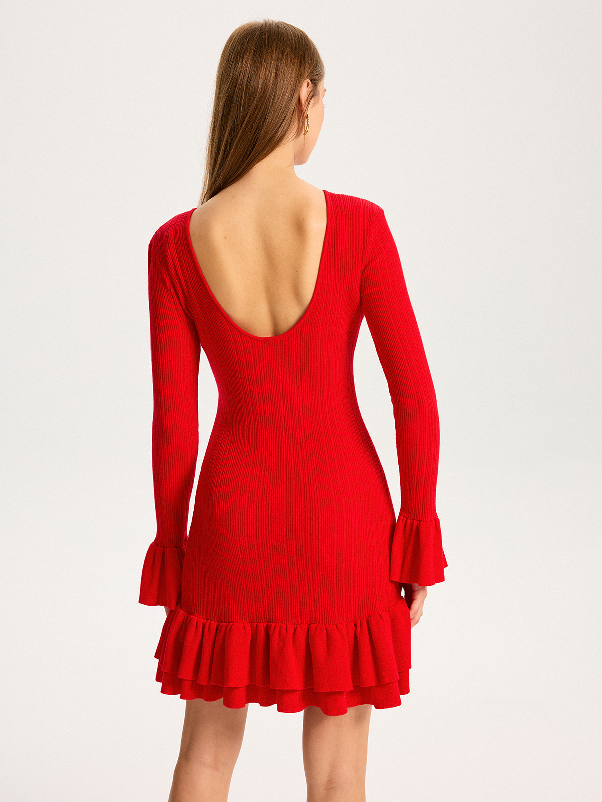 Wool Blend Knit Ruffled Flared Sleeve Mini Dress with Belt Detail