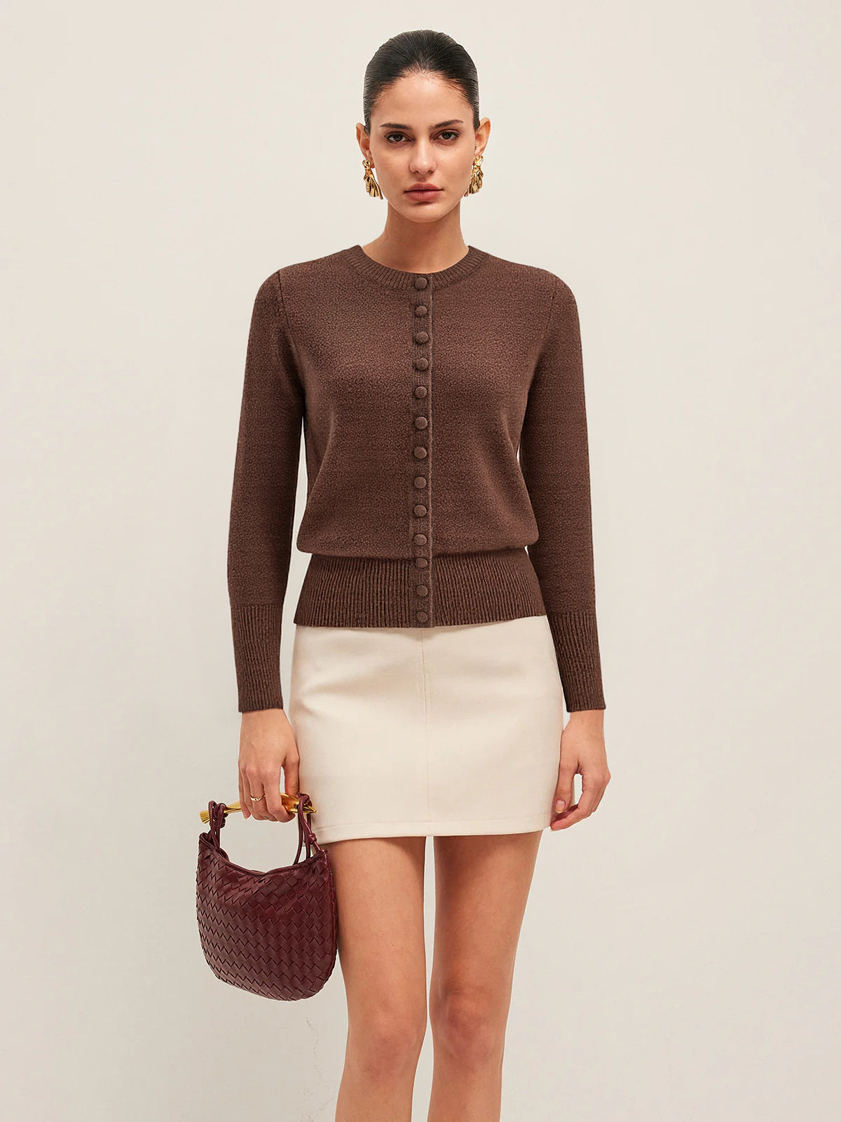 Crew Neck Button-Front Knit Cardigan with Long Sleeves for Women