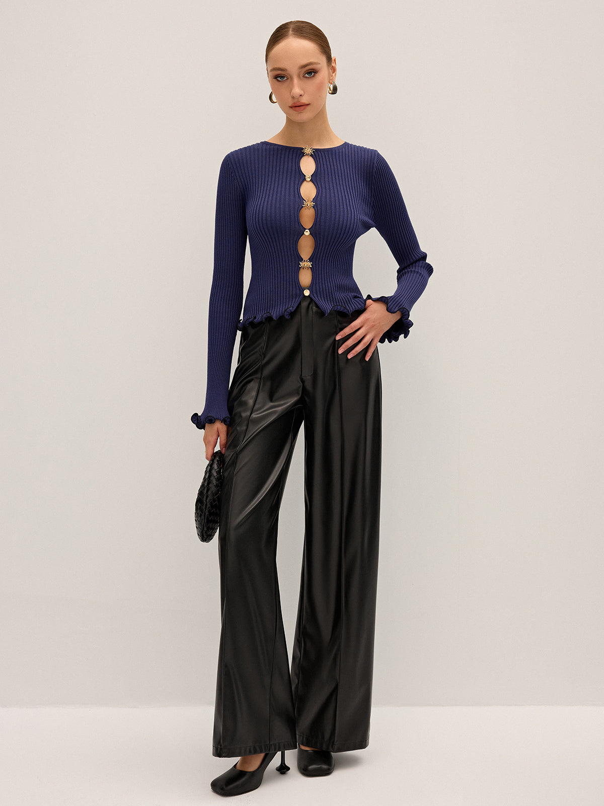 Metal Detail Cut-Out Ribbed Knit Top Women's Fashion Trendy Essential