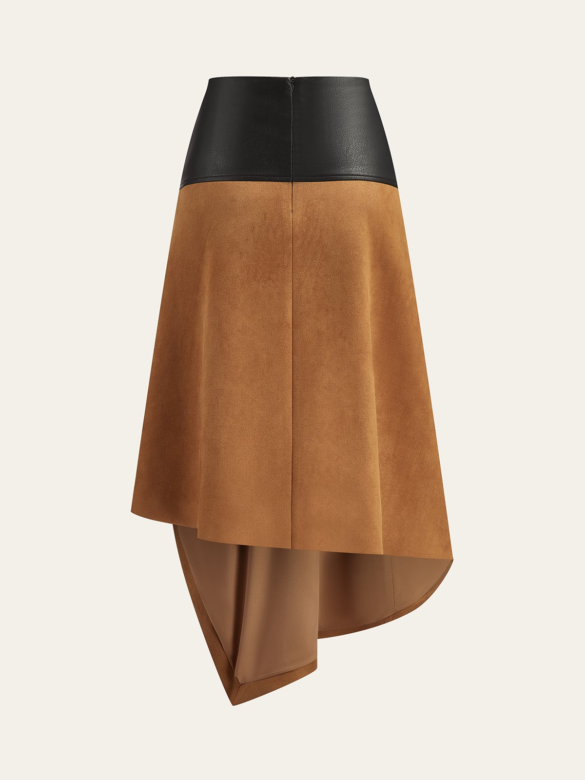 Faux Leather Paneled Suede Effect Asymmetric Midi Skirt with Fashion Forward Design