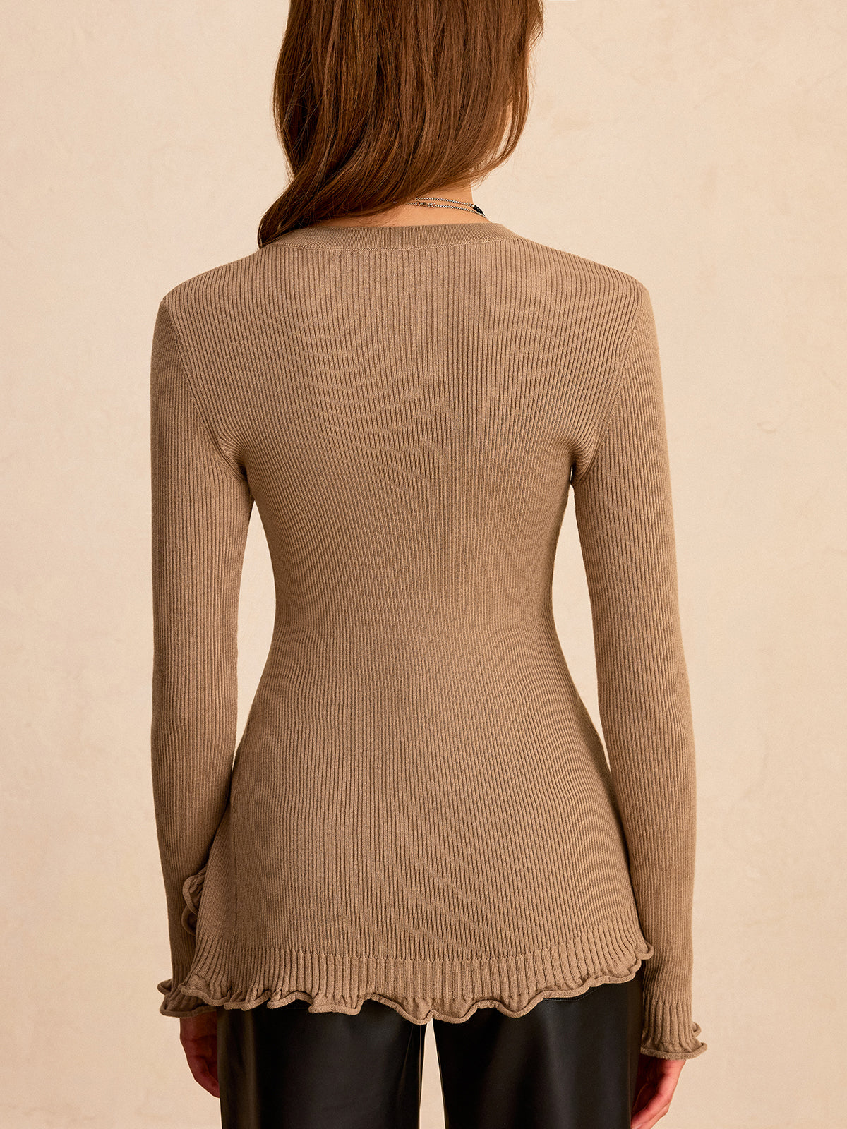 Wool Blend Asymmetric Ruffled Hem Sweater with Cozy Fall Details