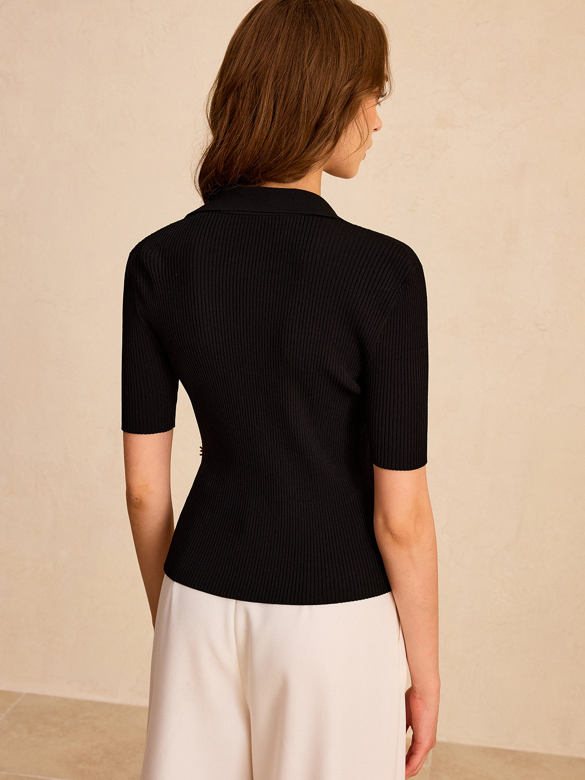 Asymmetric Metal Button Ribbed Knit Polo Top for Women Comfort Fit