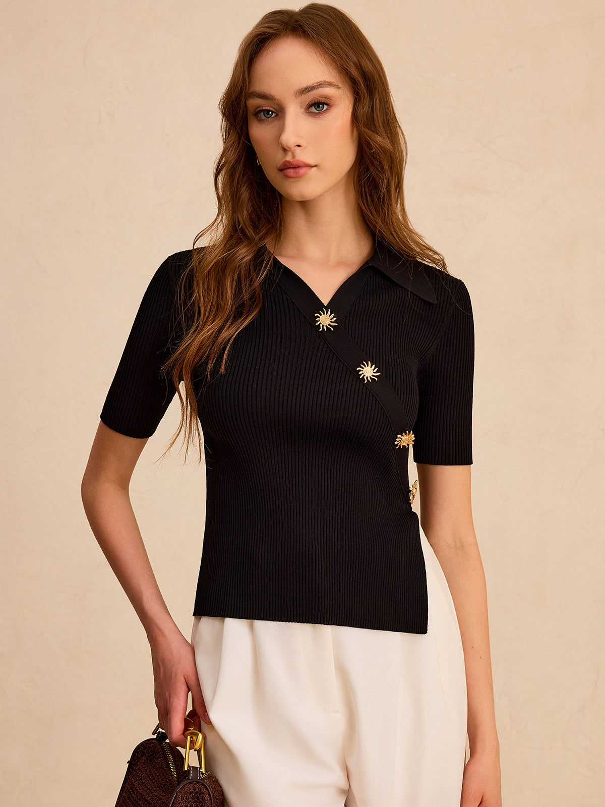 Asymmetric Metal Button Ribbed Knit Polo Top for Women Comfort Fit