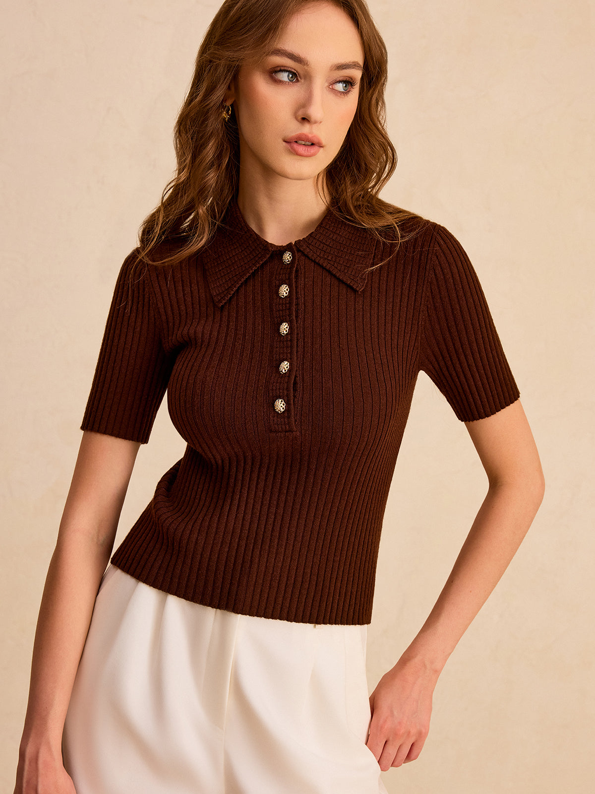Metal Button Ribbed Knit Polo Top Women's Casual Long-Sleeve Shirt