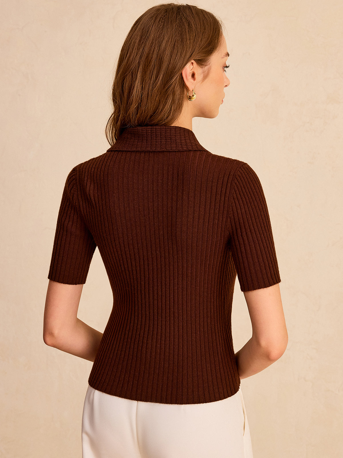 Metal Button Ribbed Knit Polo Top Women's Casual Long-Sleeve Shirt