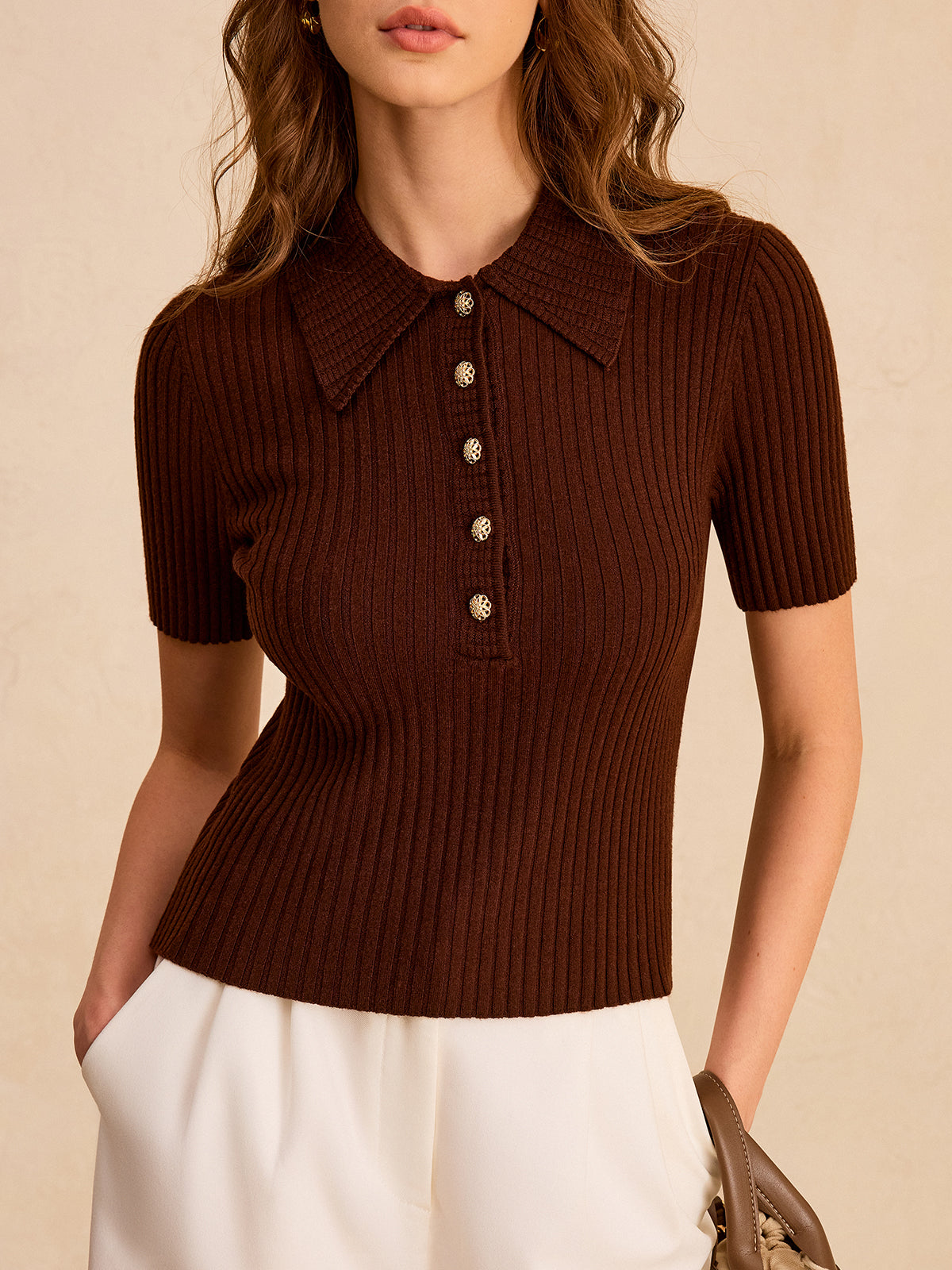 Metal Button Ribbed Knit Polo Top Women's Casual Long-Sleeve Shirt