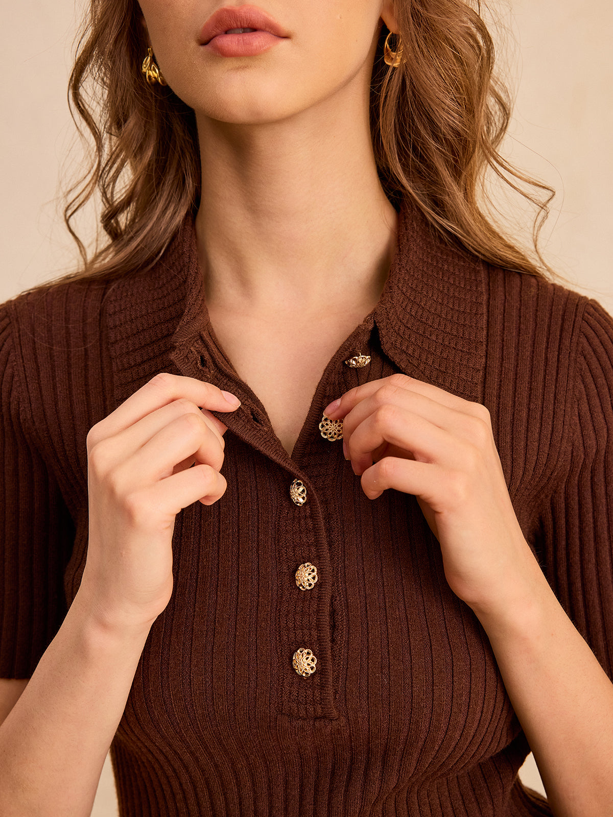 Metal Button Ribbed Knit Polo Top Women's Casual Long-Sleeve Shirt