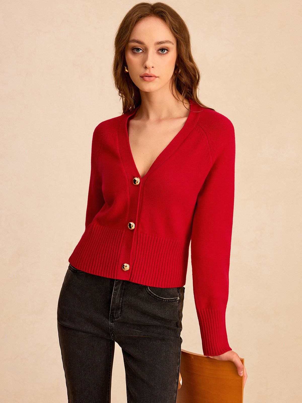 V-Neck Button-Front Knit Cardigan Sweater for Women