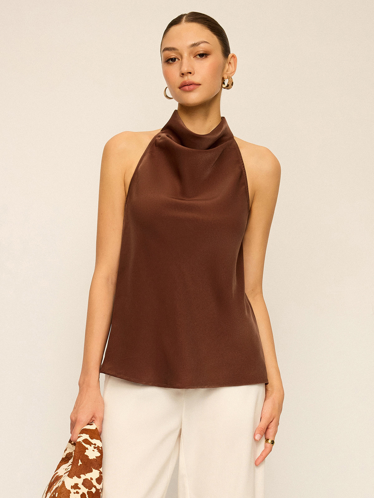 Satin Cowl Neck Halter Backless Top for Evening Wear