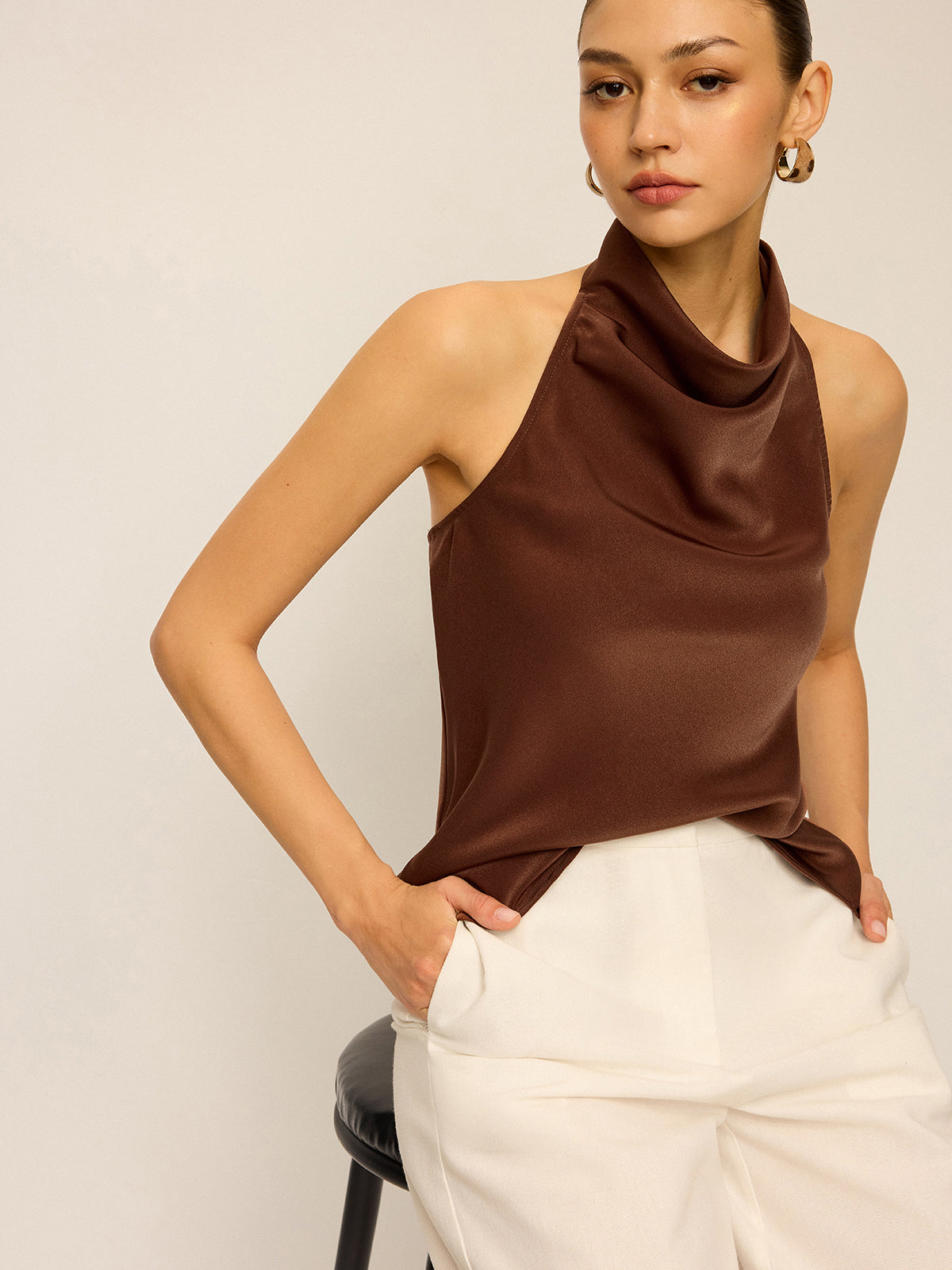Satin Cowl Neck Halter Backless Top for Evening Wear