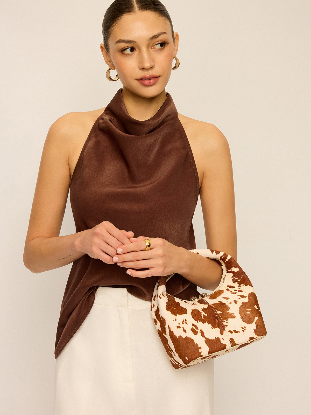 Satin Cowl Neck Halter Backless Top for Evening Wear