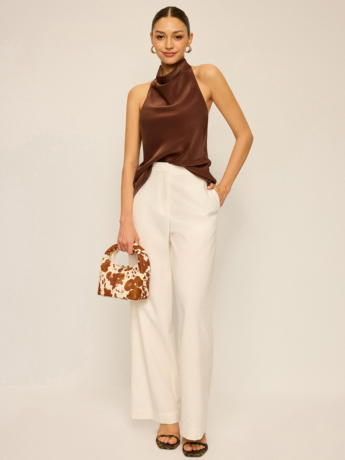 Satin Cowl Neck Halter Backless Top for Evening Wear