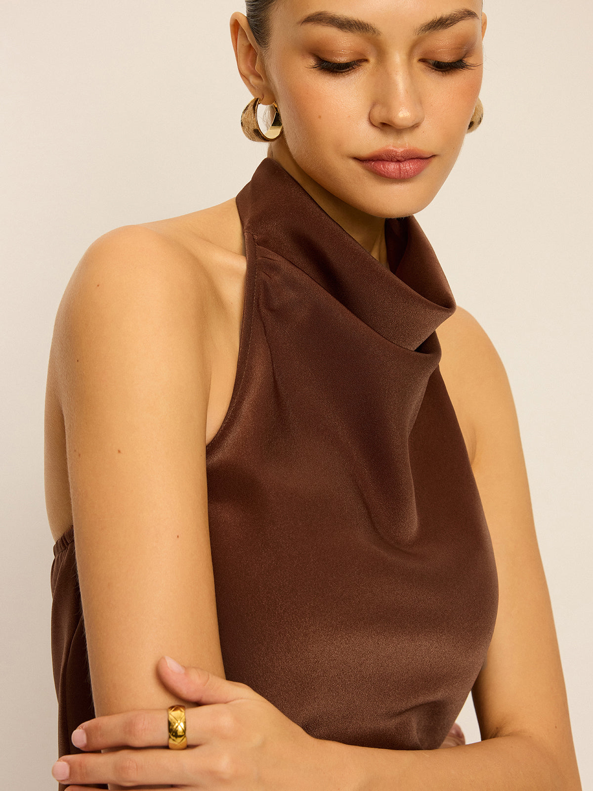 Satin Cowl Neck Halter Backless Top for Evening Wear