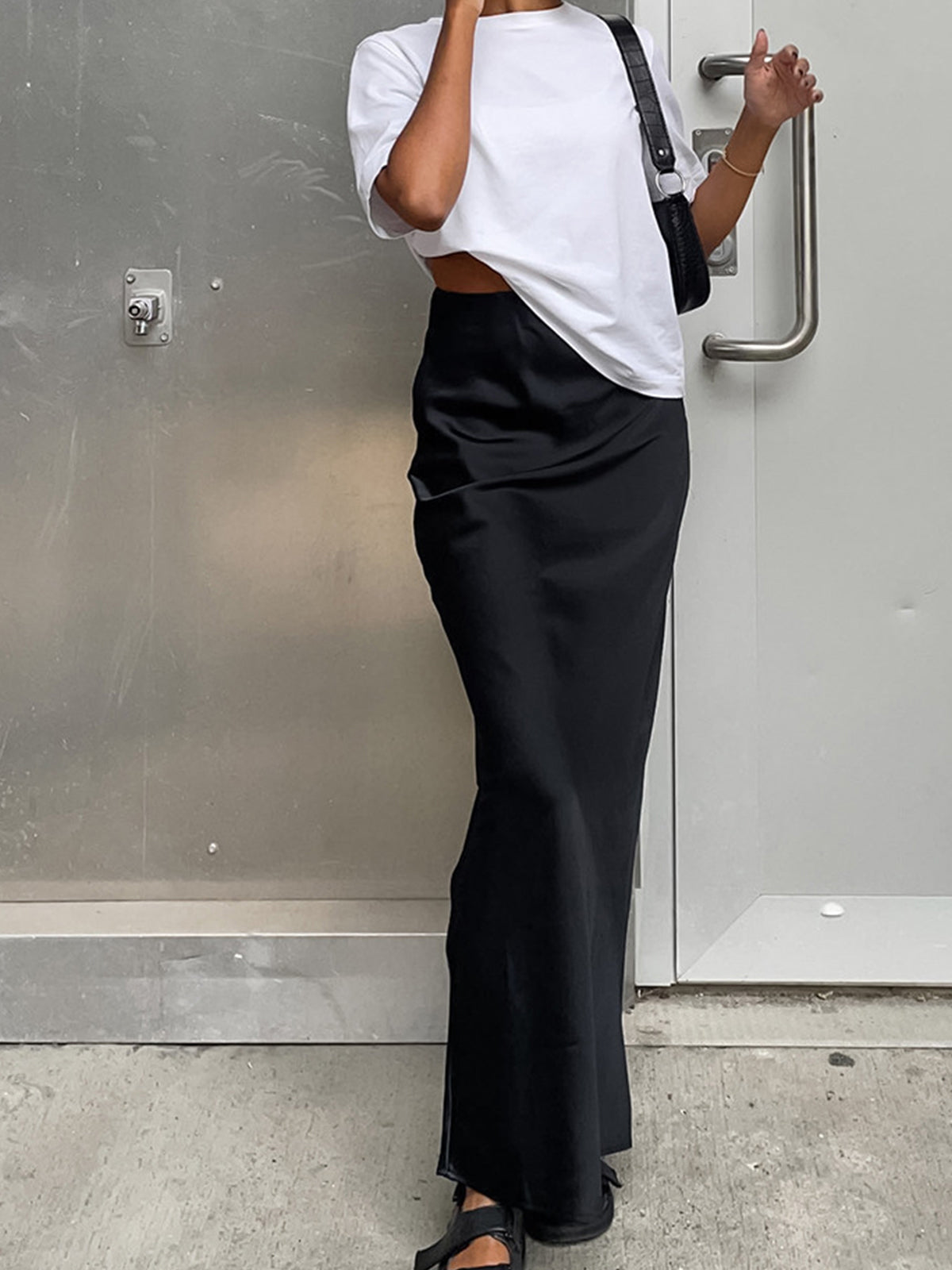 Utility Satin Maxi Skirt with Elastic Waistband for Women