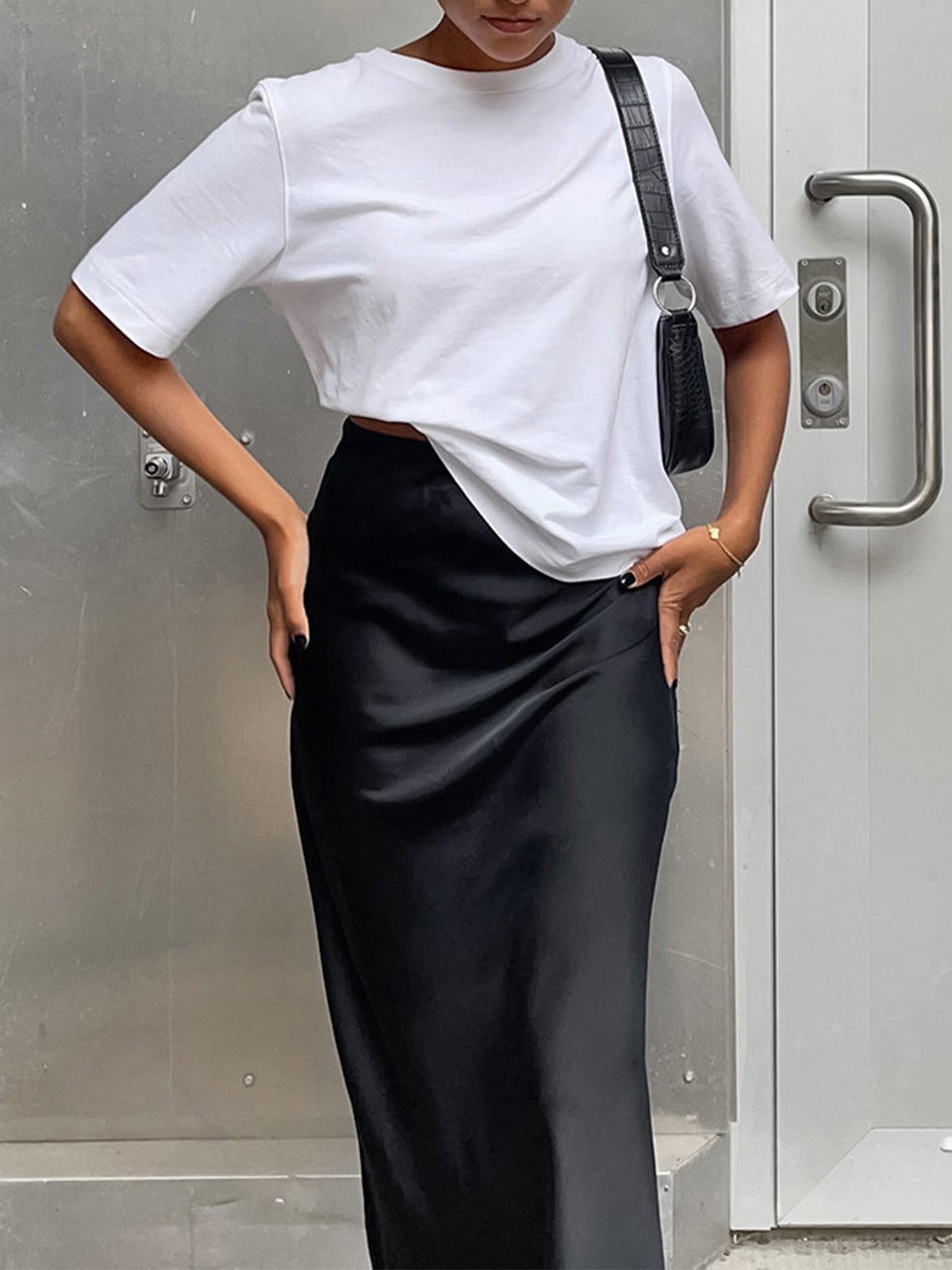 Utility Satin Maxi Skirt with Elastic Waistband for Women