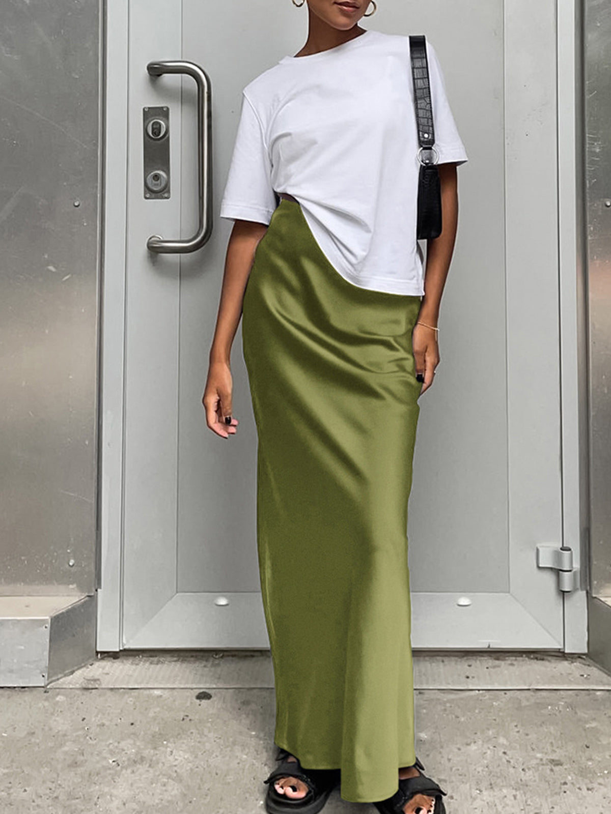 Utility Satin Maxi Skirt with Elastic Waistband for Women