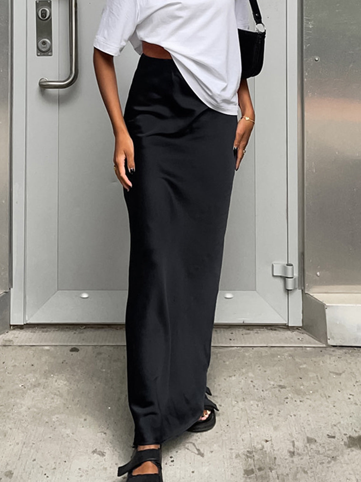 Utility Satin Maxi Skirt with Elastic Waistband for Women