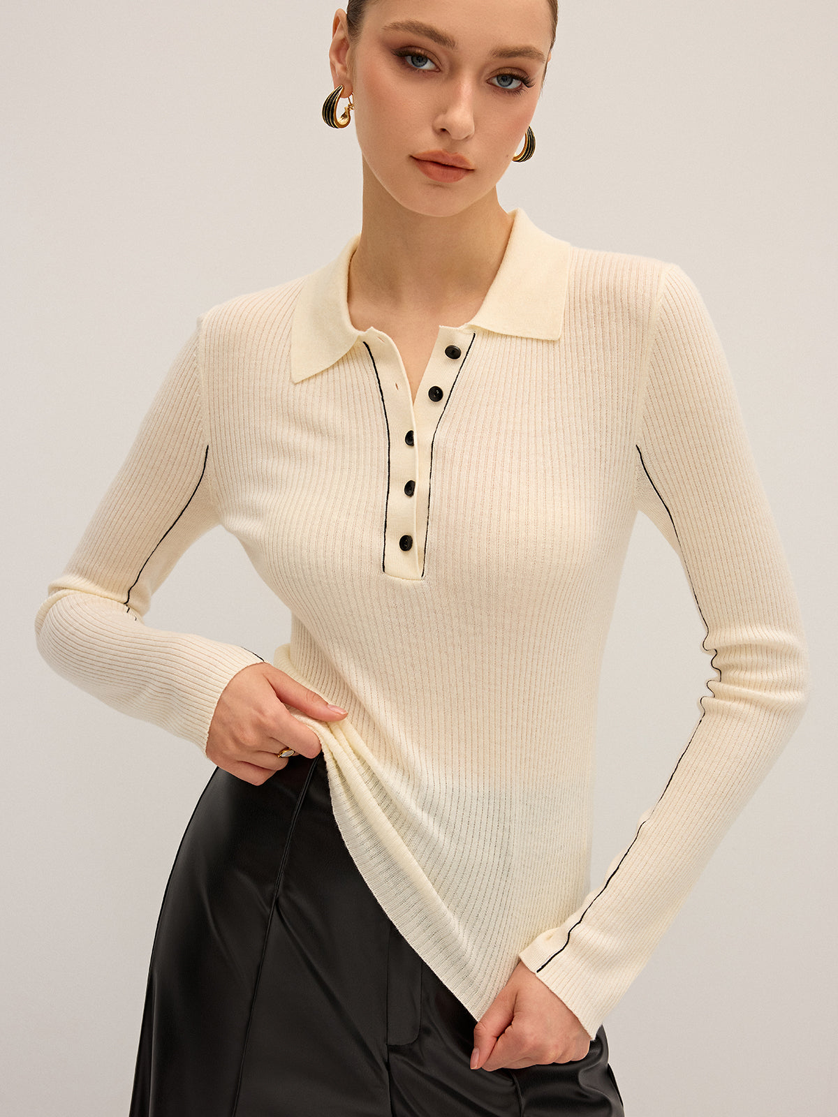 Wool Blend Ribbed Polo Knit Top for Women Comfortable Casual Fit