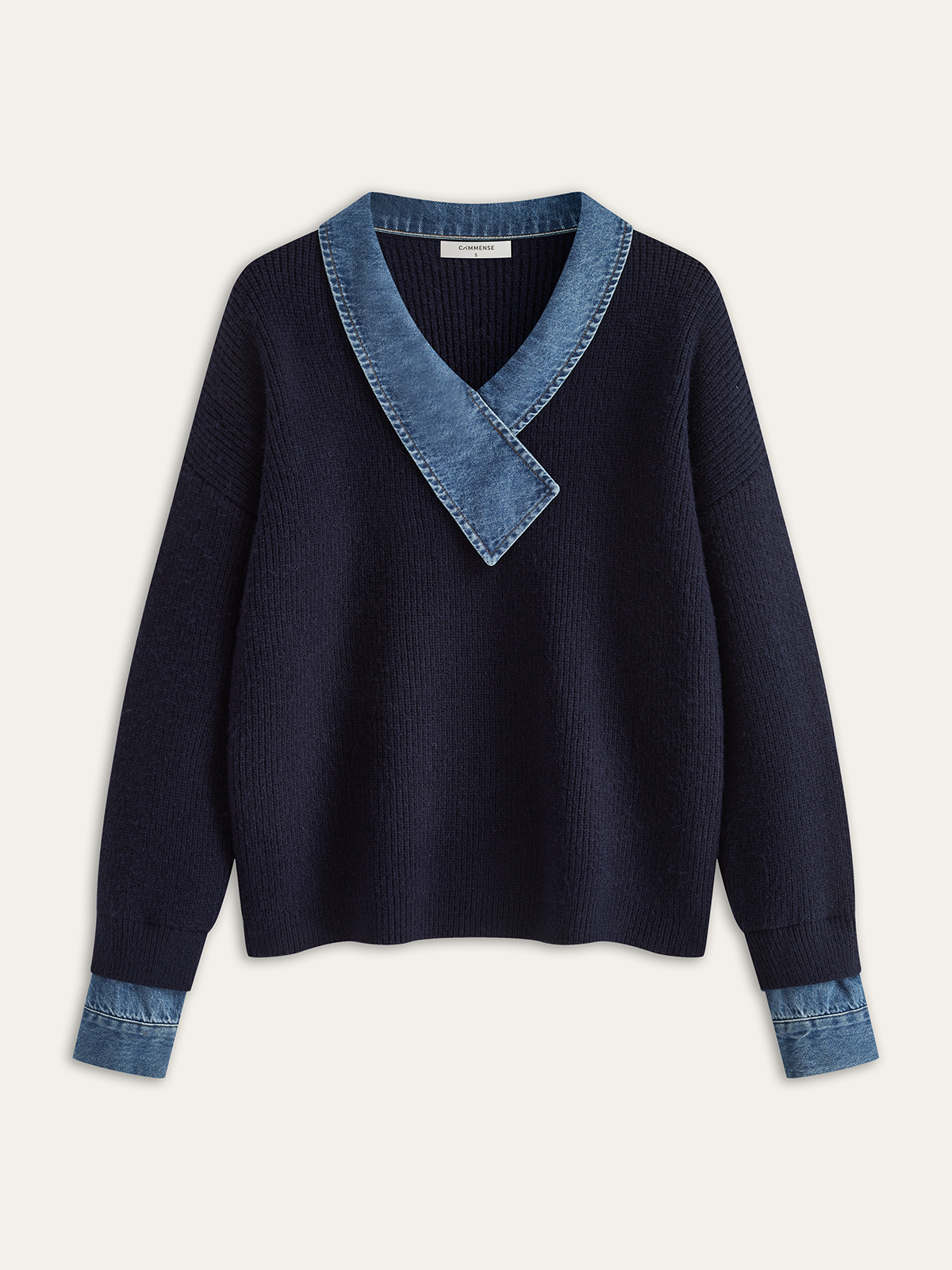 Denim Panel Asymmetric V-Neck Knit Top Stylish Casual Women's Apparel