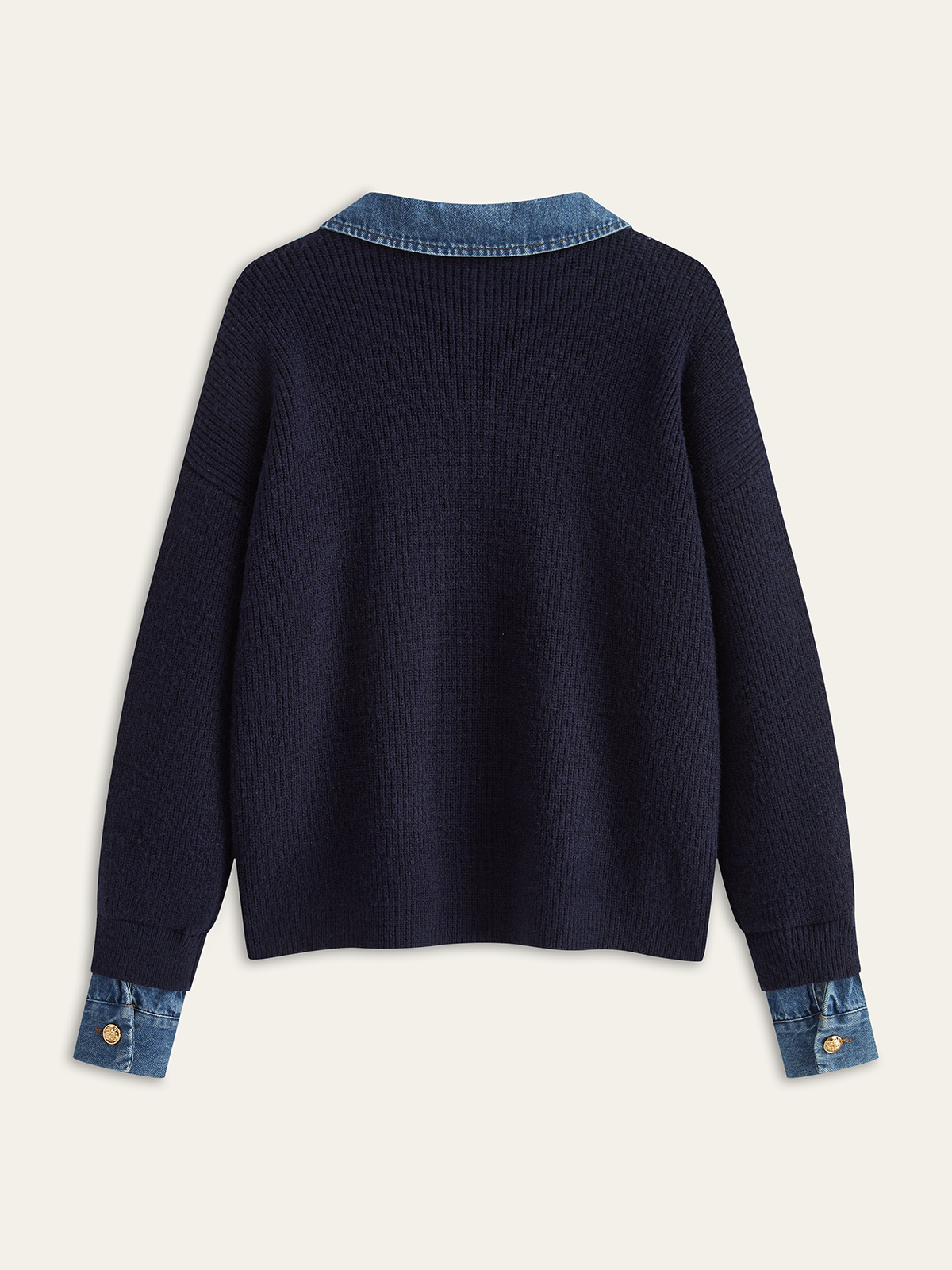 Denim Panel Asymmetric V-Neck Knit Top Stylish Casual Women's Apparel