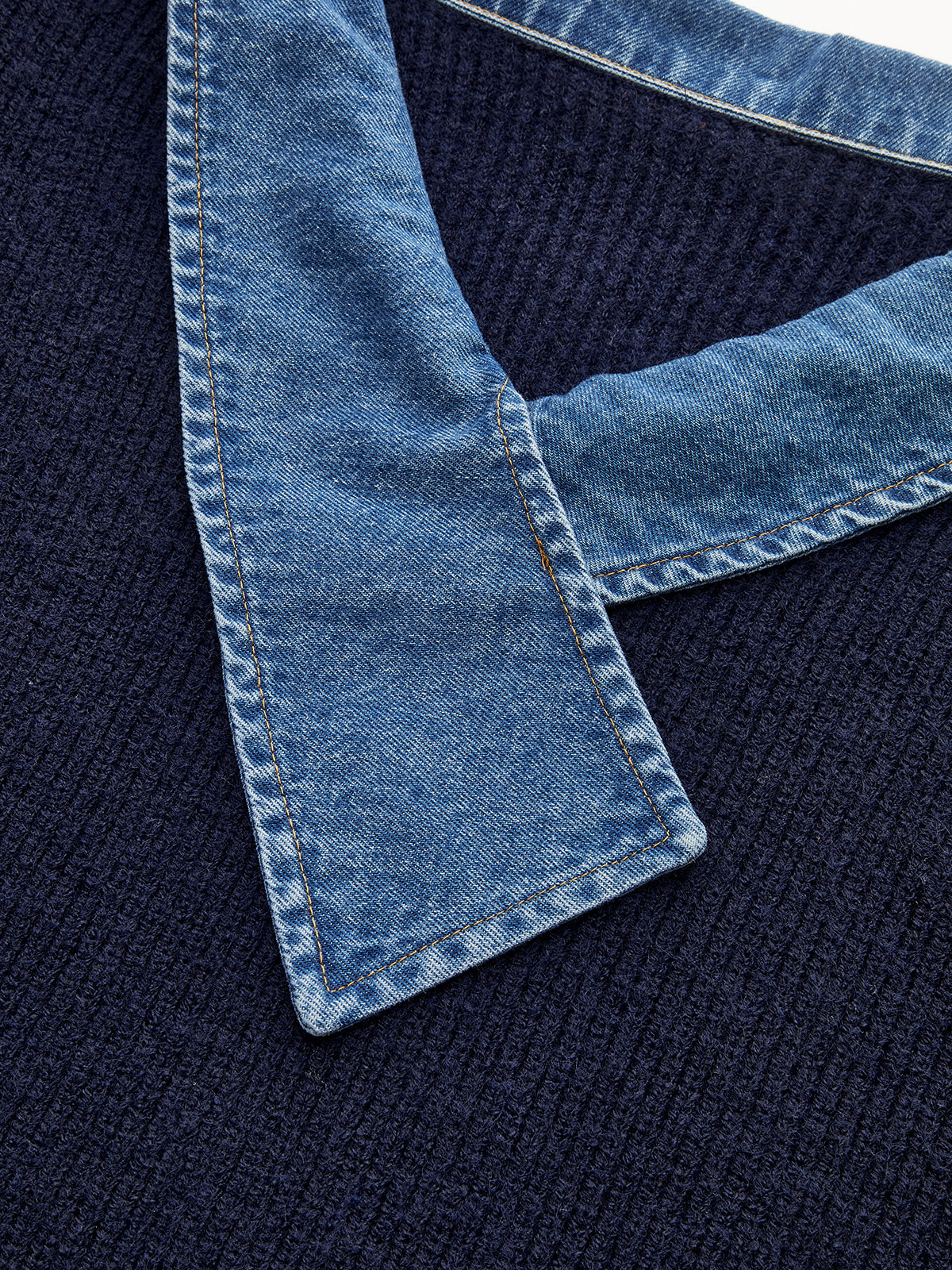 Denim Panel Asymmetric V-Neck Knit Top Stylish Casual Women's Apparel