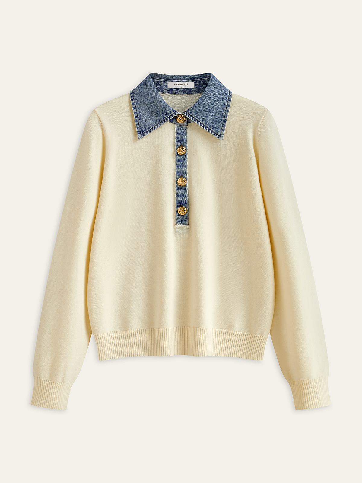 Denim Collar Wool Blend Knit Top for Women, Comfortable Autumn Wear