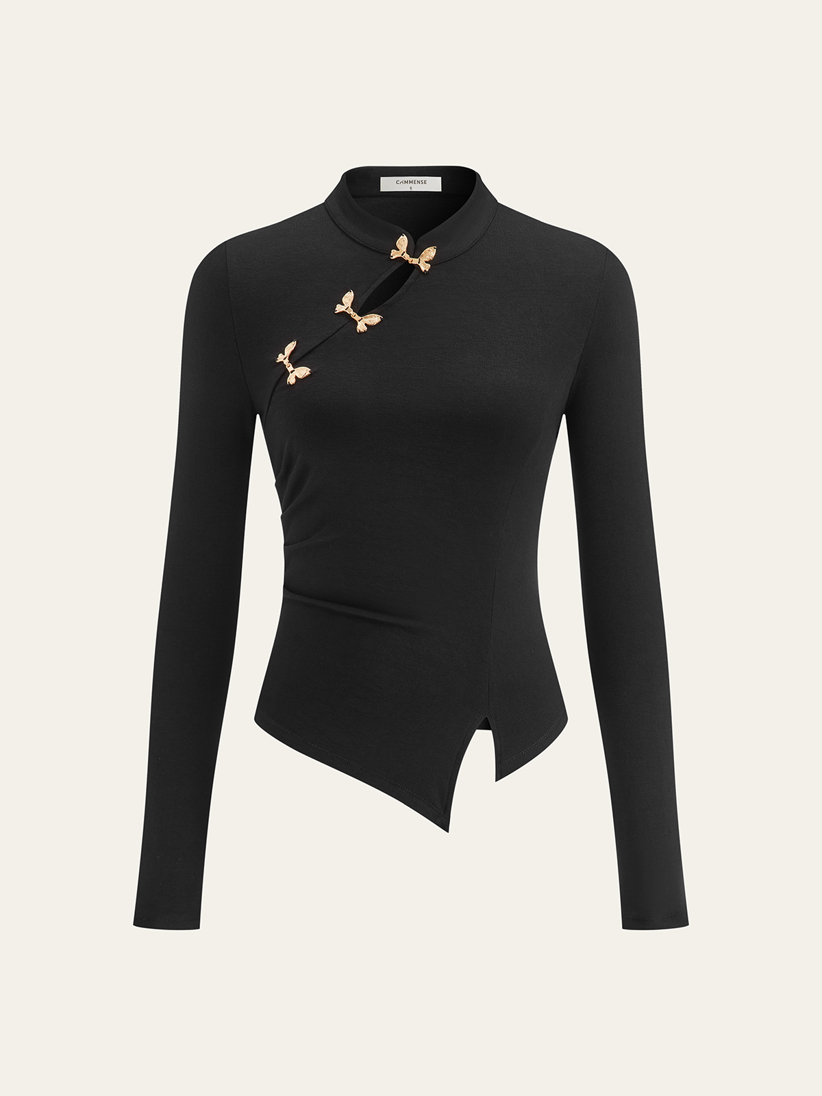Asymmetric Metal Butterfly Detail Top with Elegant Sleeves and Neckline