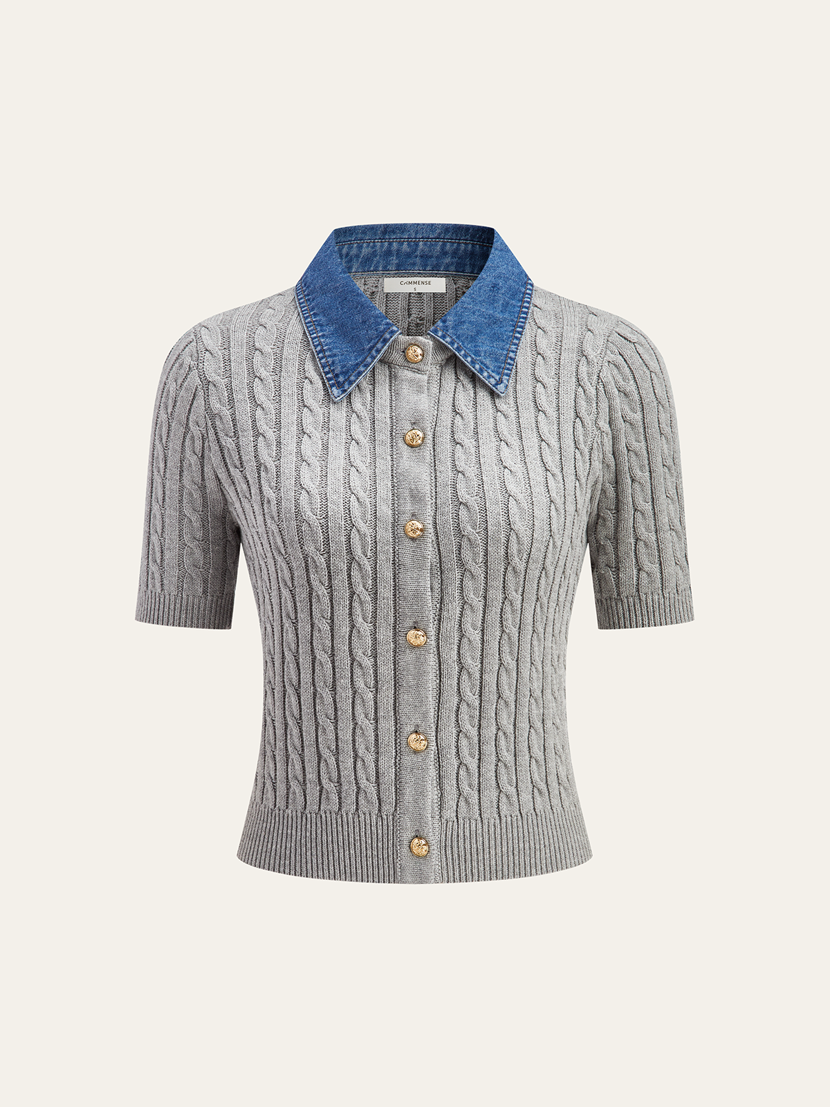 Metal Button Denim Collar Cable-Knit Top - Trendy Women's Winter Fashion