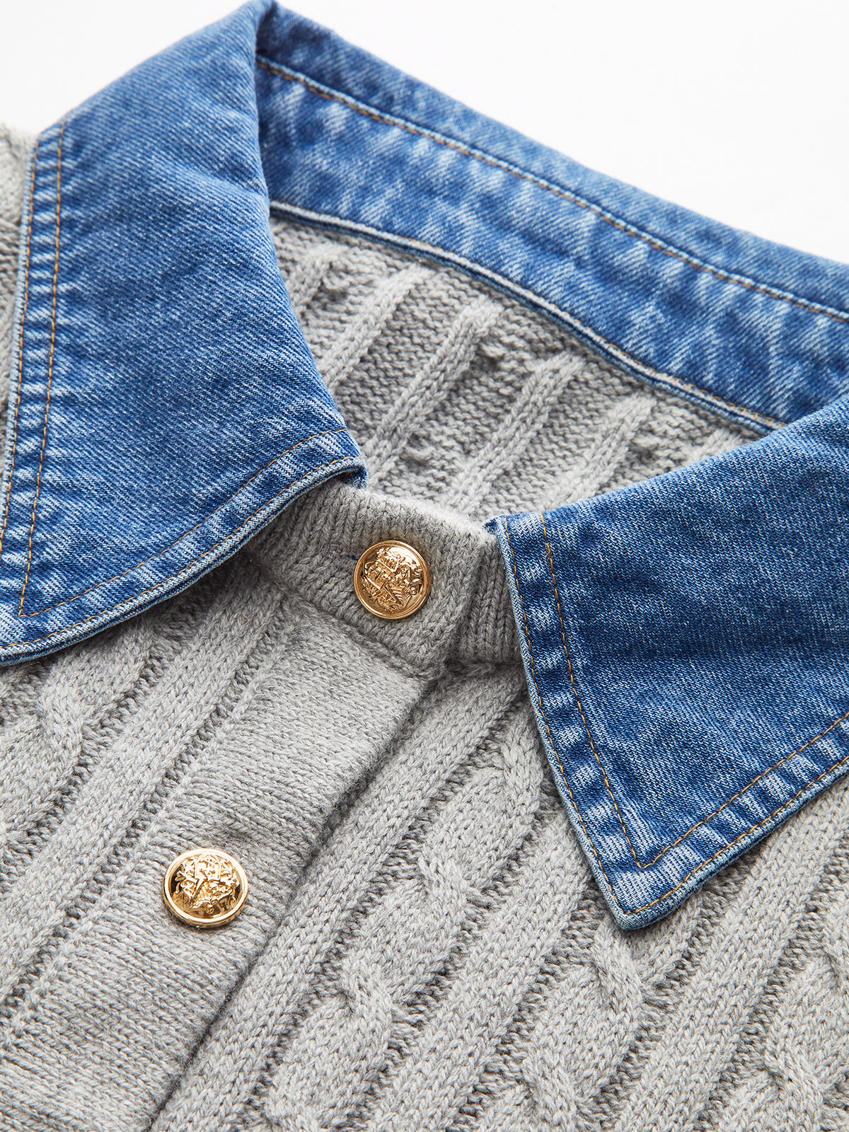 Metal Button Denim Collar Cable-Knit Top - Trendy Women's Winter Fashion