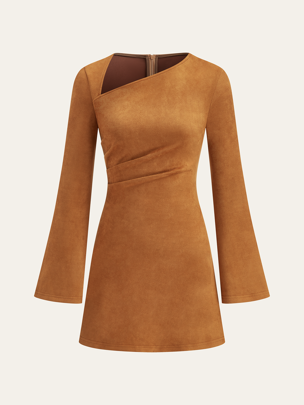 Asymmetrical Ruched Long Sleeve Suede Effect Mini Dress for Women Casual Party Wear