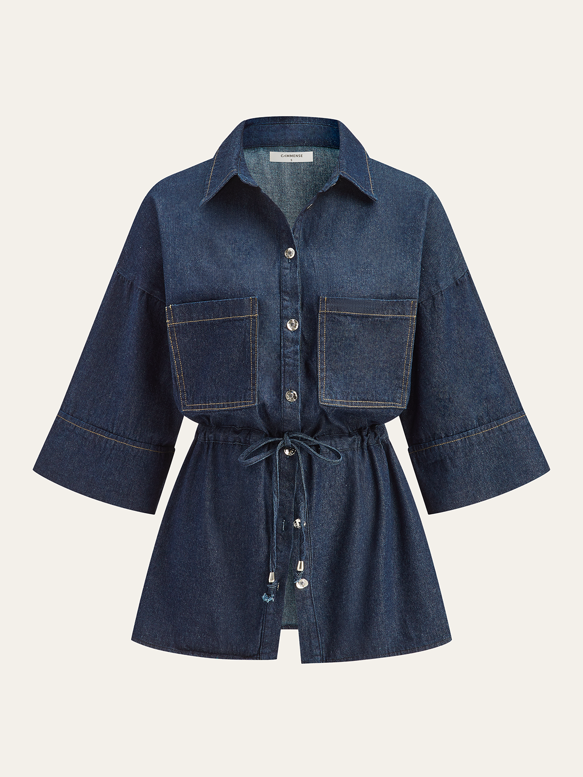 Long Denim Shirt with Adjustable Drawstring Waist and Button Cuffs