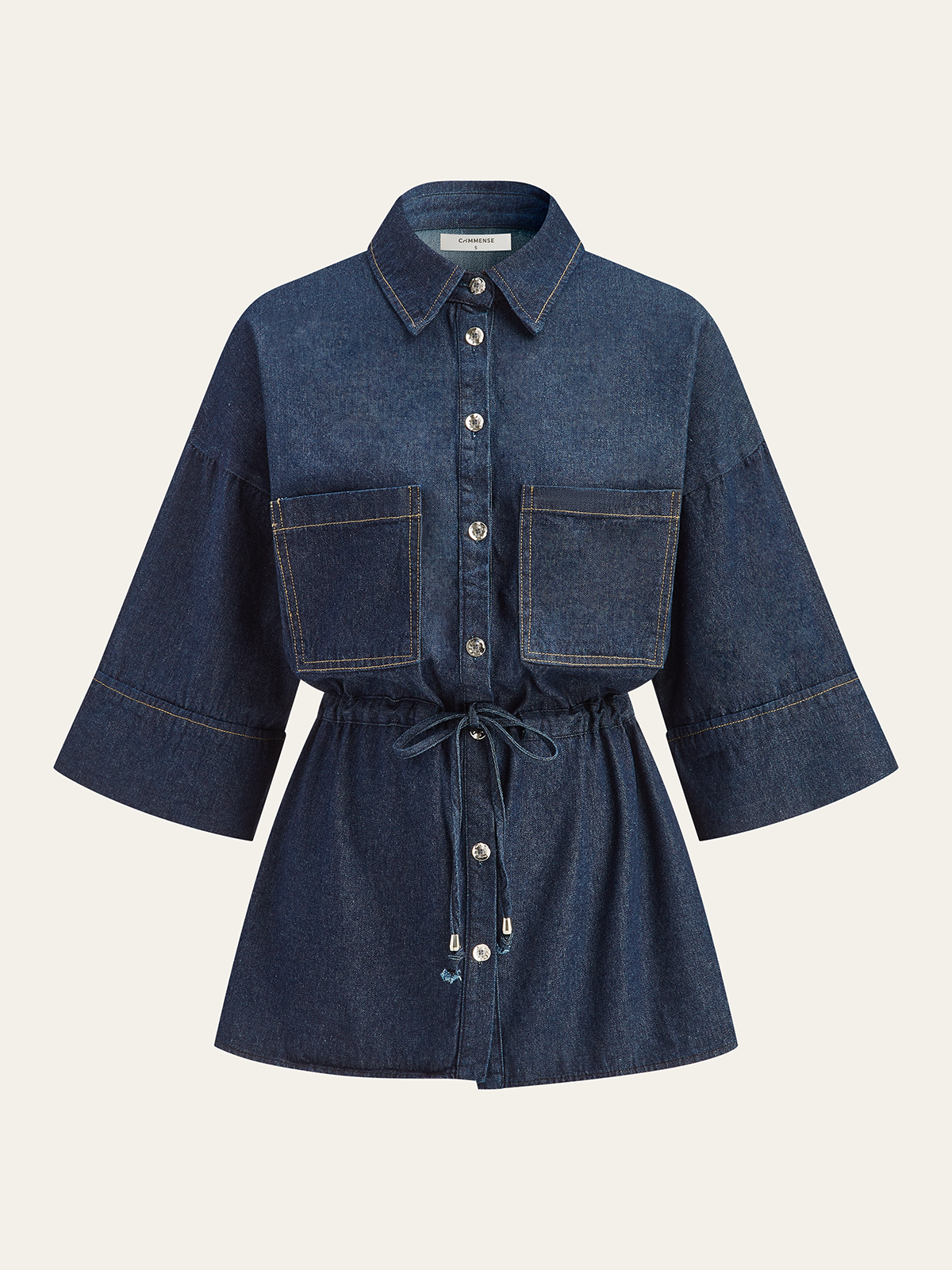 Long Denim Shirt with Adjustable Drawstring Waist and Button Cuffs