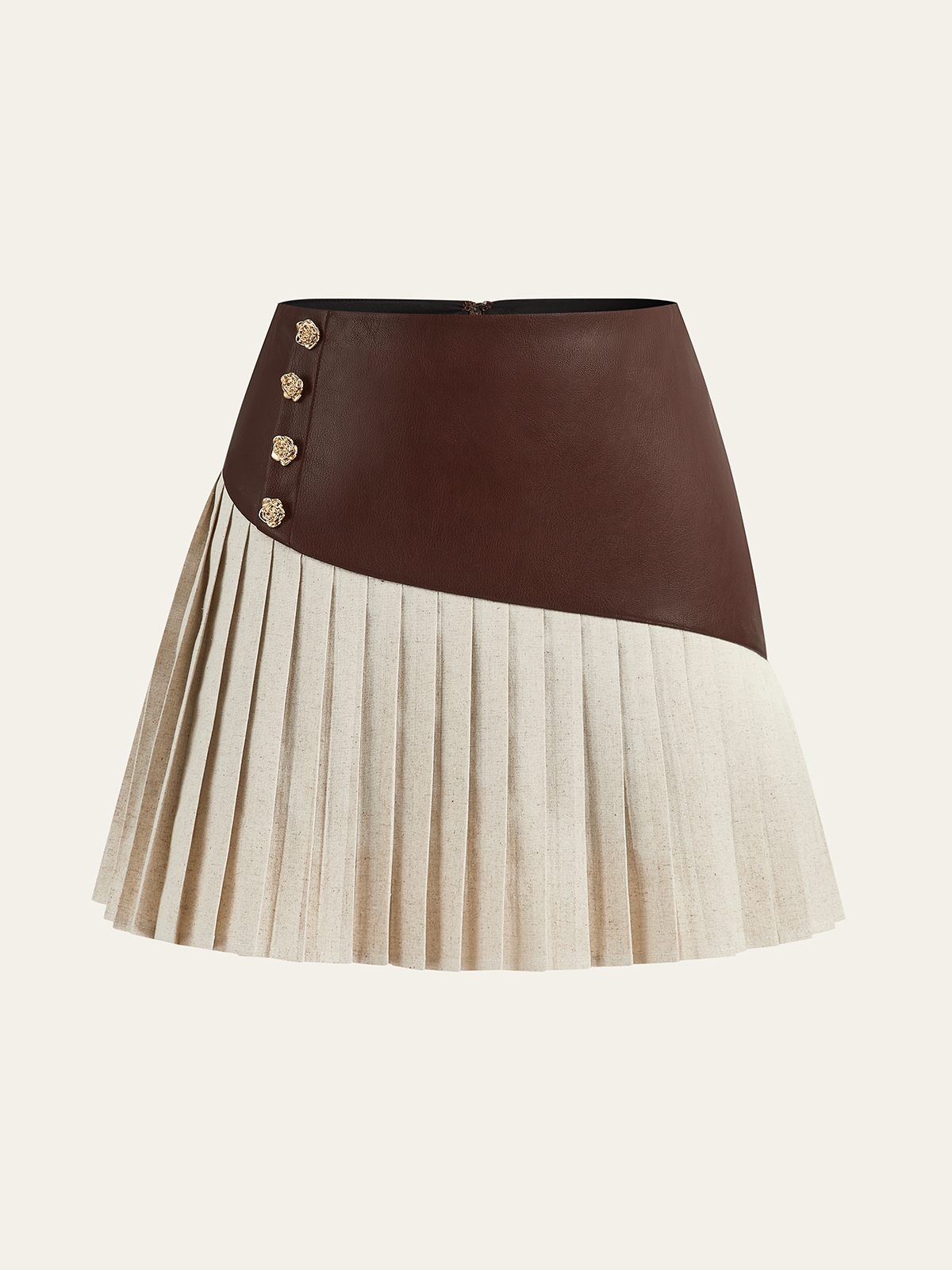 PU Panel Cotton & Linen Pleated Mini Skirt for Women Casual Summer Style