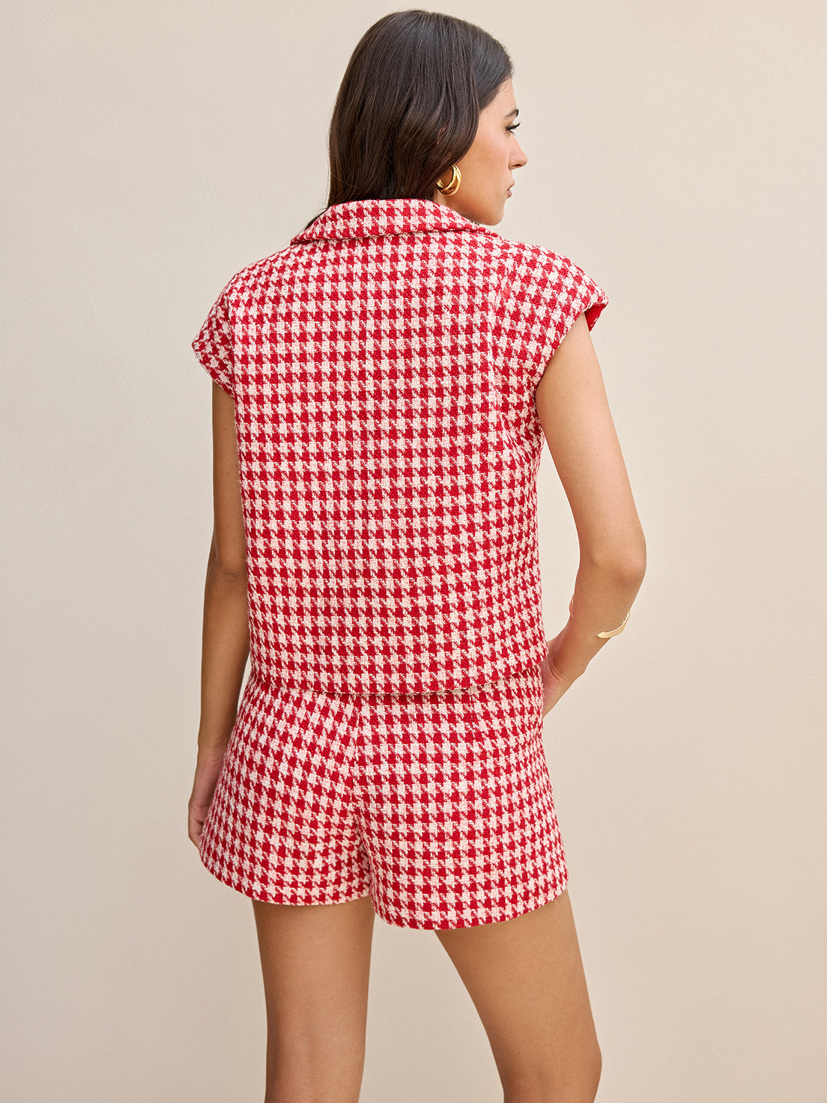 Houndstooth Tweed Collared Cap Sleeve Vest Women's Classic Work Office
