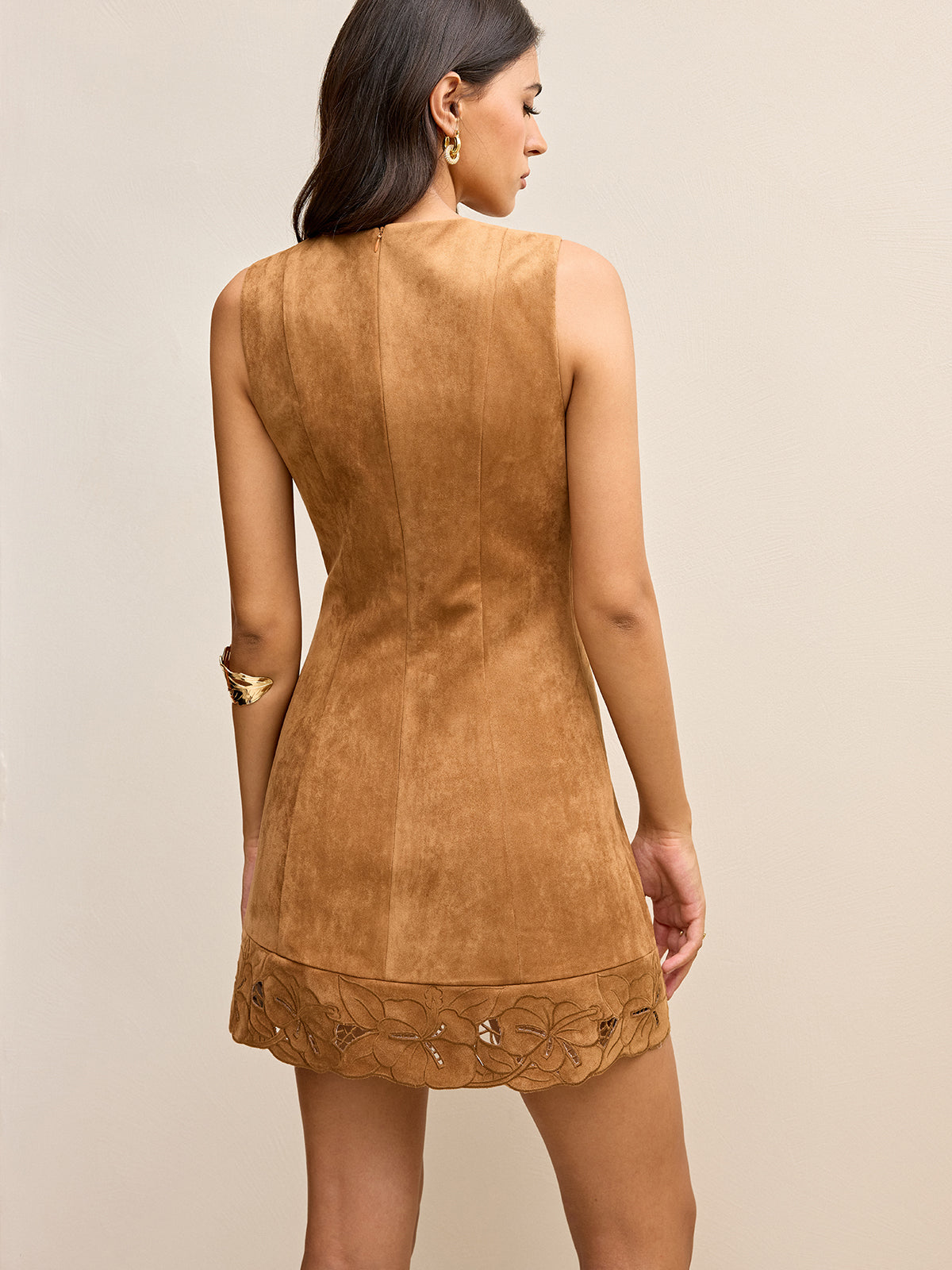 Suede Effect Floral Embroidered Sleeveless Mini Dress for Women Summer Style