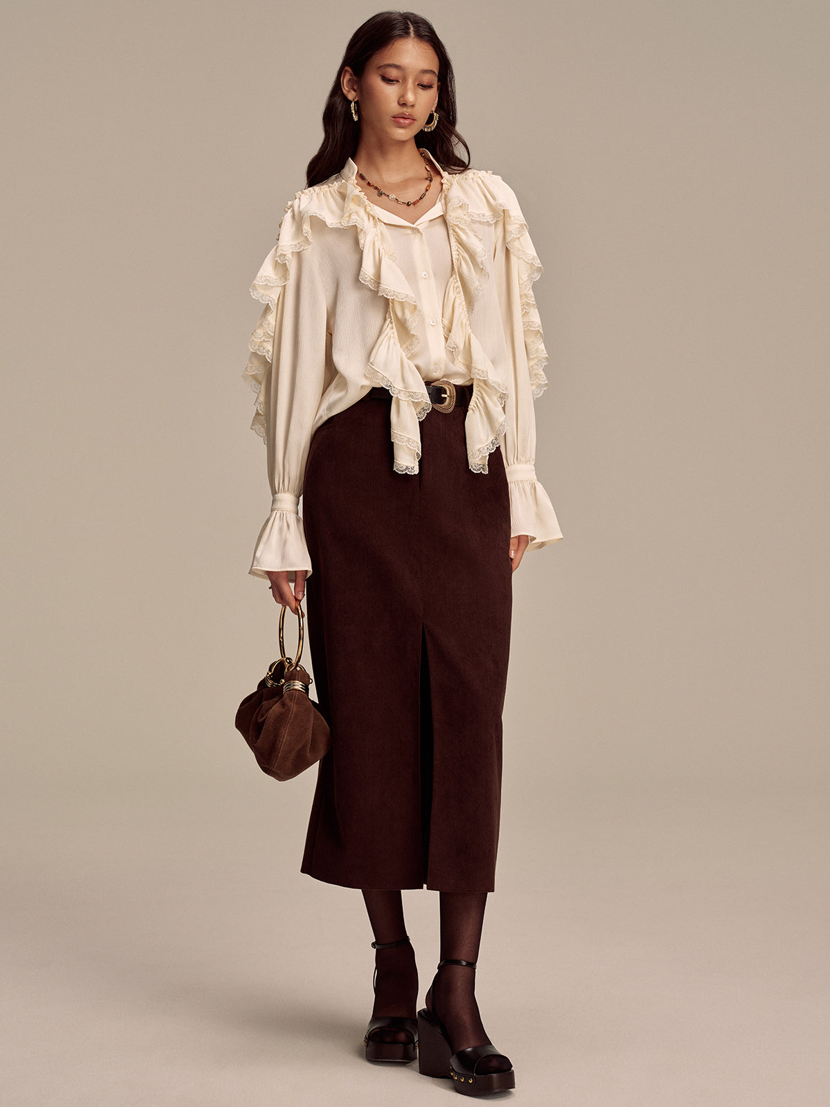 Ruffled Lace Trim Bell Sleeve Shirt - Elegant Women's Casual Blouse