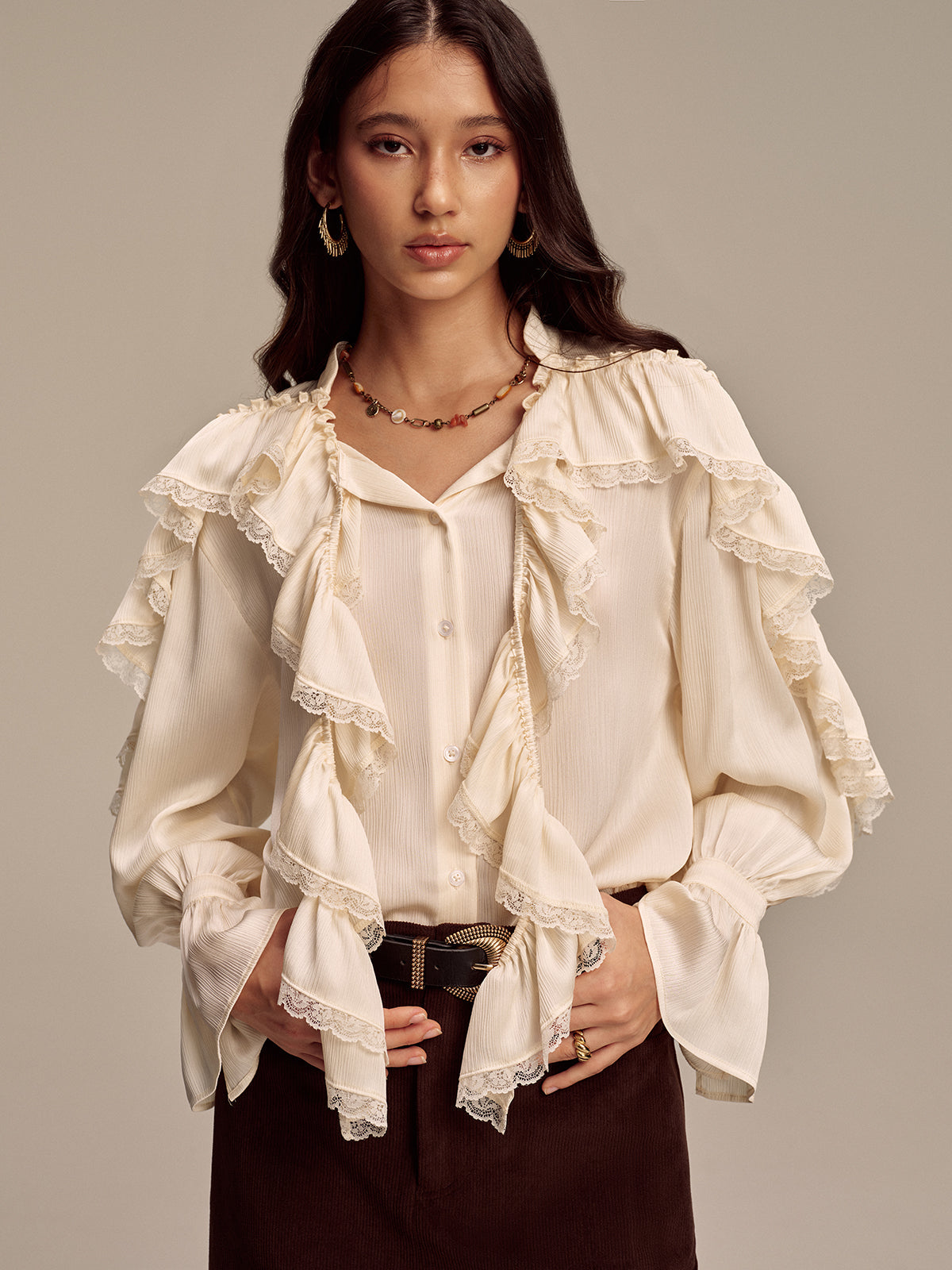 Ruffled Lace Trim Bell Sleeve Shirt - Elegant Women's Casual Blouse