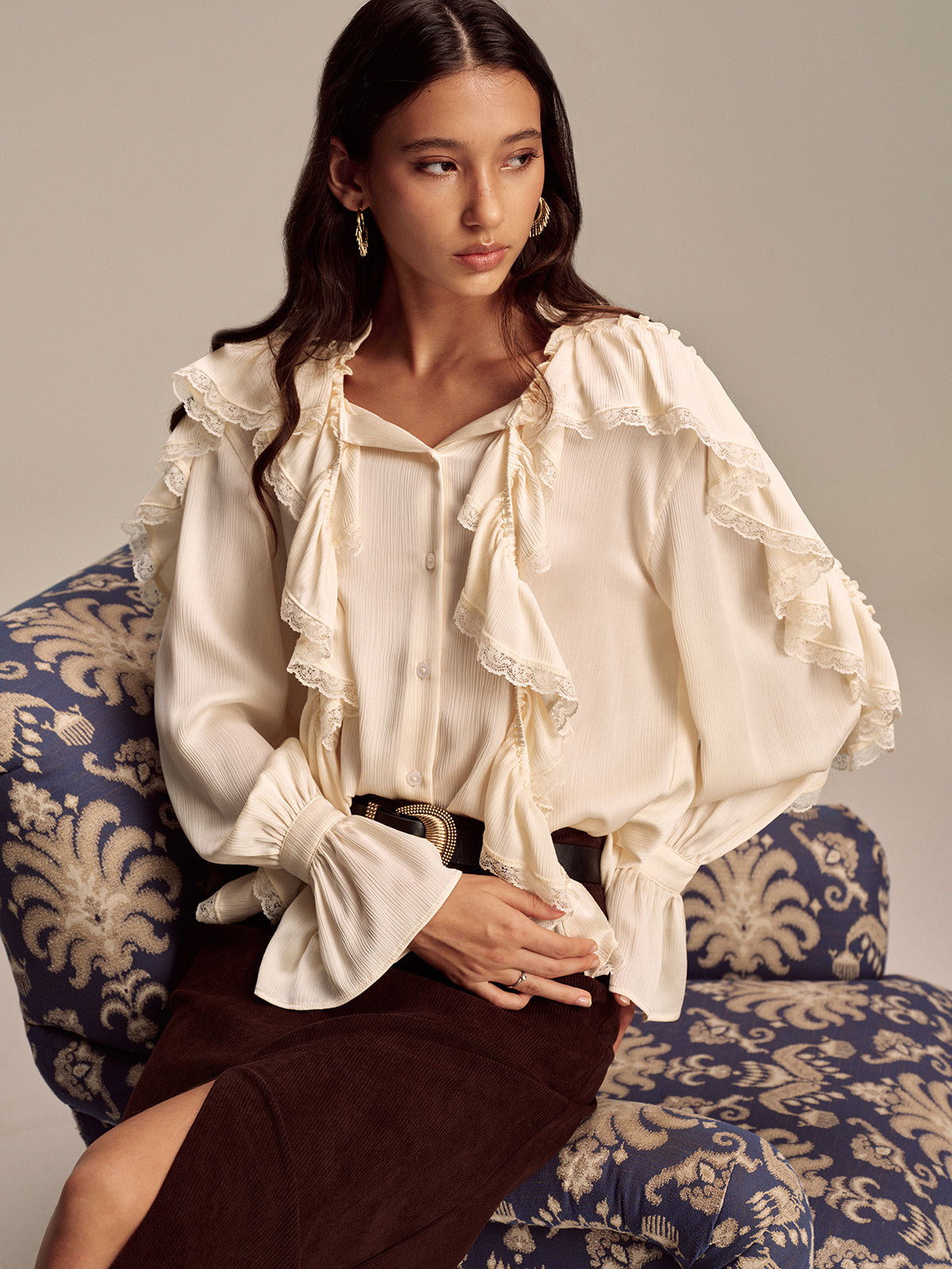 Ruffled Lace Trim Bell Sleeve Shirt - Elegant Women's Casual Blouse