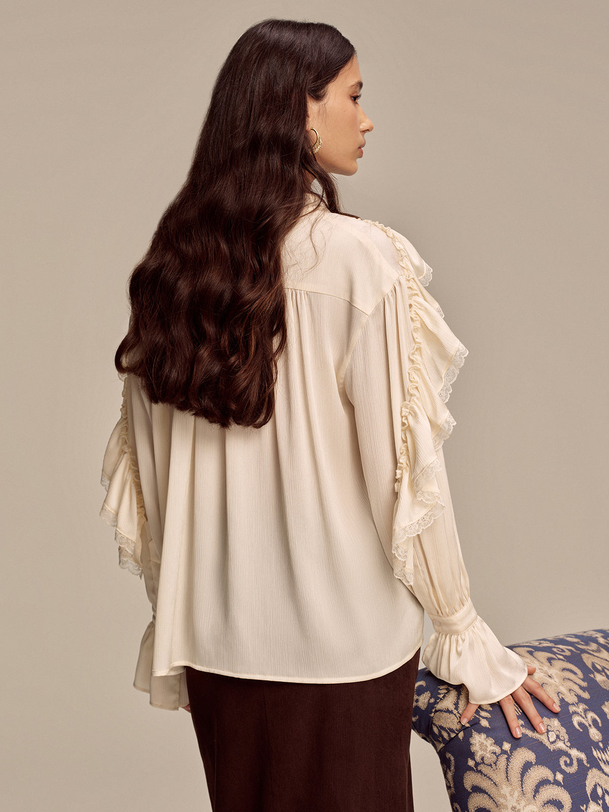 Ruffled Lace Trim Bell Sleeve Shirt - Elegant Women's Casual Blouse