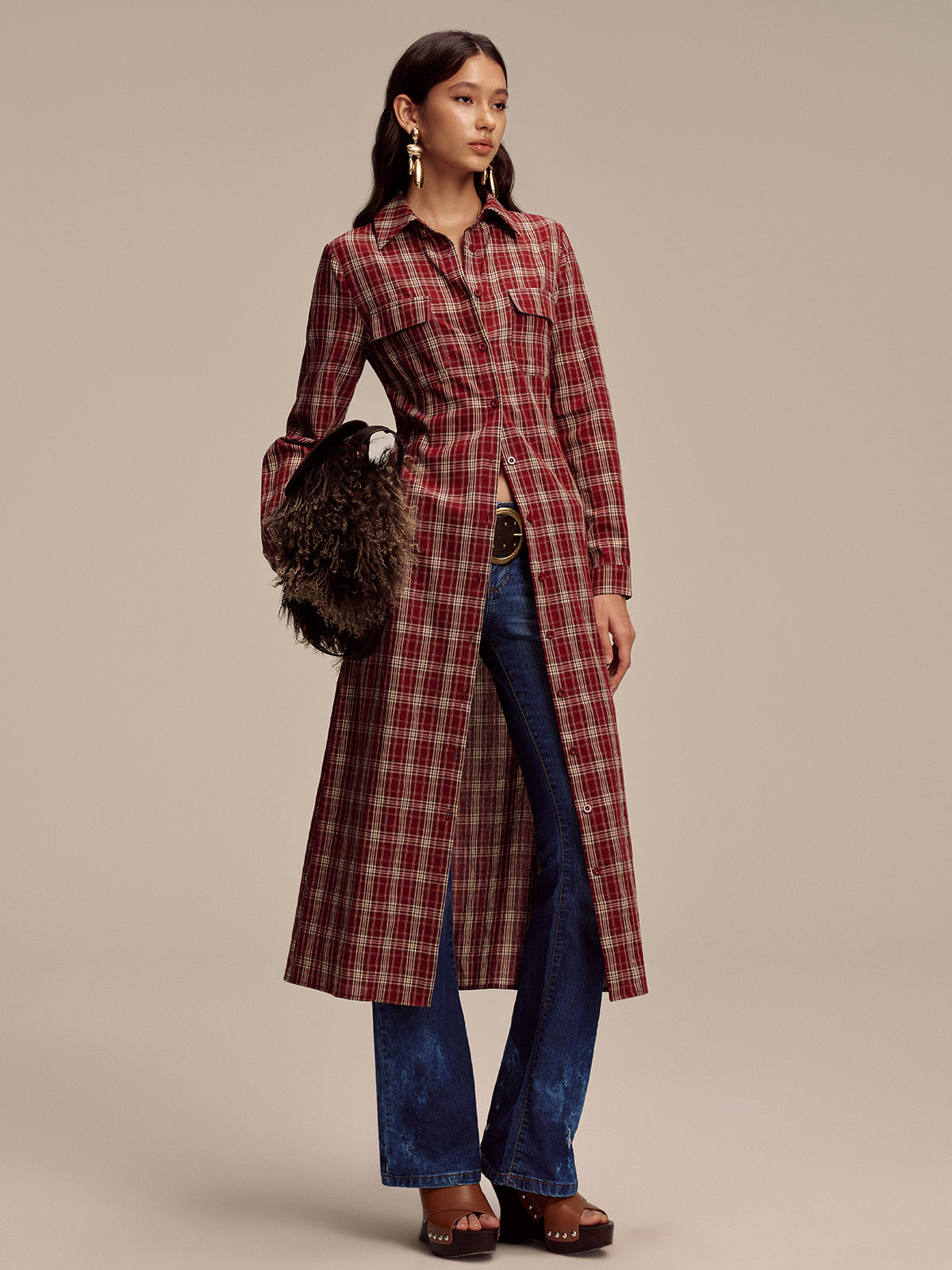 Plaid Button Front Shirt Dress with Waist Tie