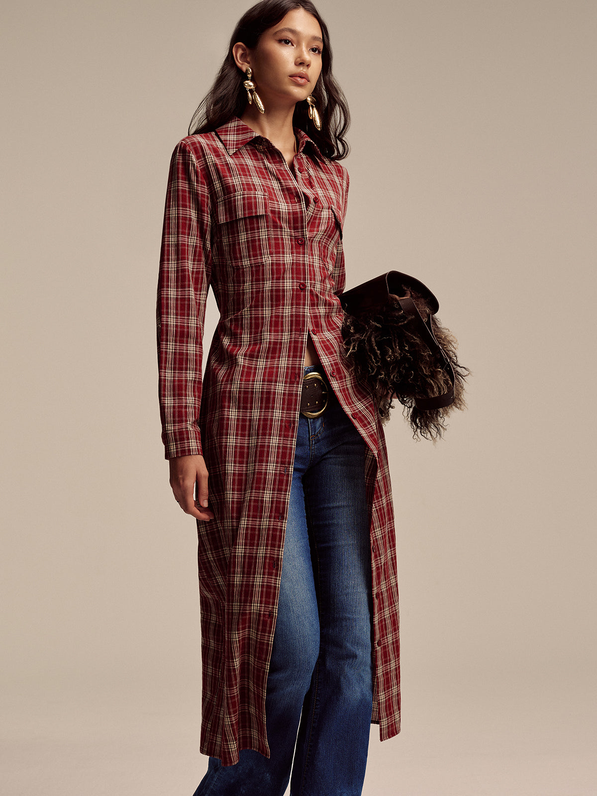 Plaid Button Front Shirt Dress with Waist Tie