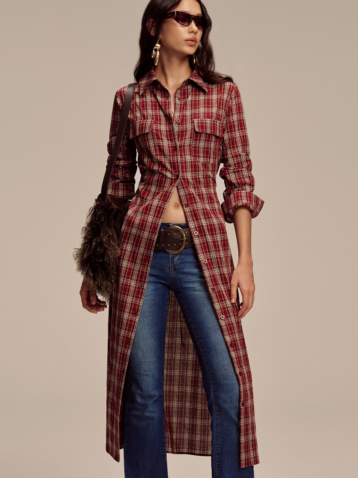 Plaid Button Front Shirt Dress with Waist Tie