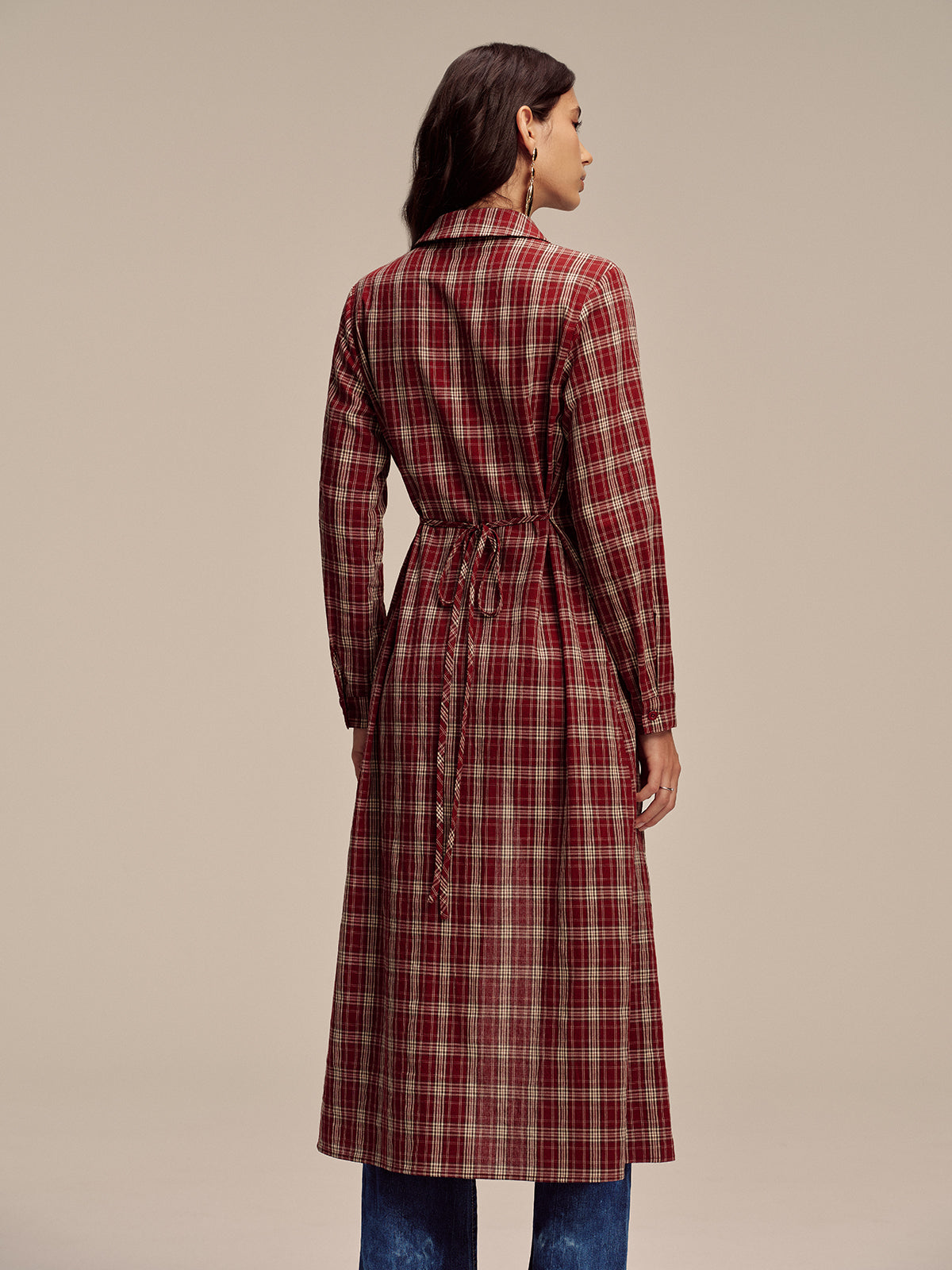 Plaid Button Front Shirt Dress with Waist Tie