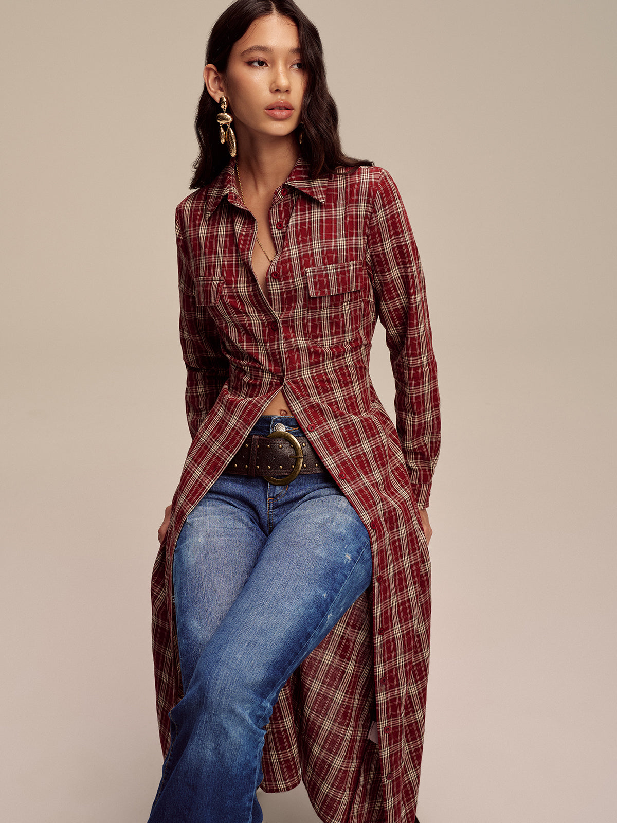 Plaid Button Front Shirt Dress with Waist Tie
